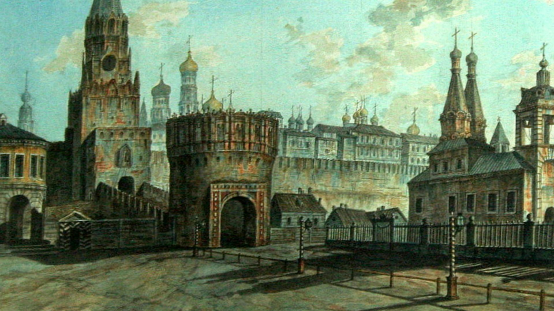 The Moscow Kremlin. Left: the Trinity tower. Center: the Kutafya tower. Right: the Church of St Nicholas in Boots.