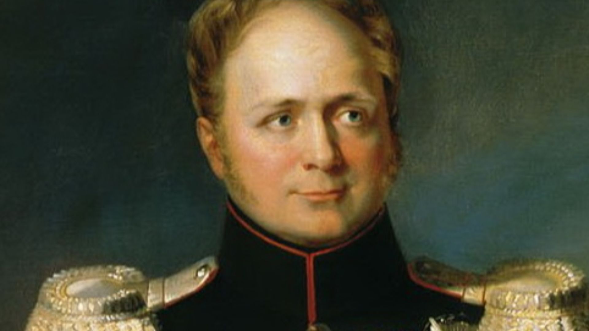 Tsar Alexander I. from russia, painted by en:George Dawe in 1824 (part, version with less environment of low interest at the topside.