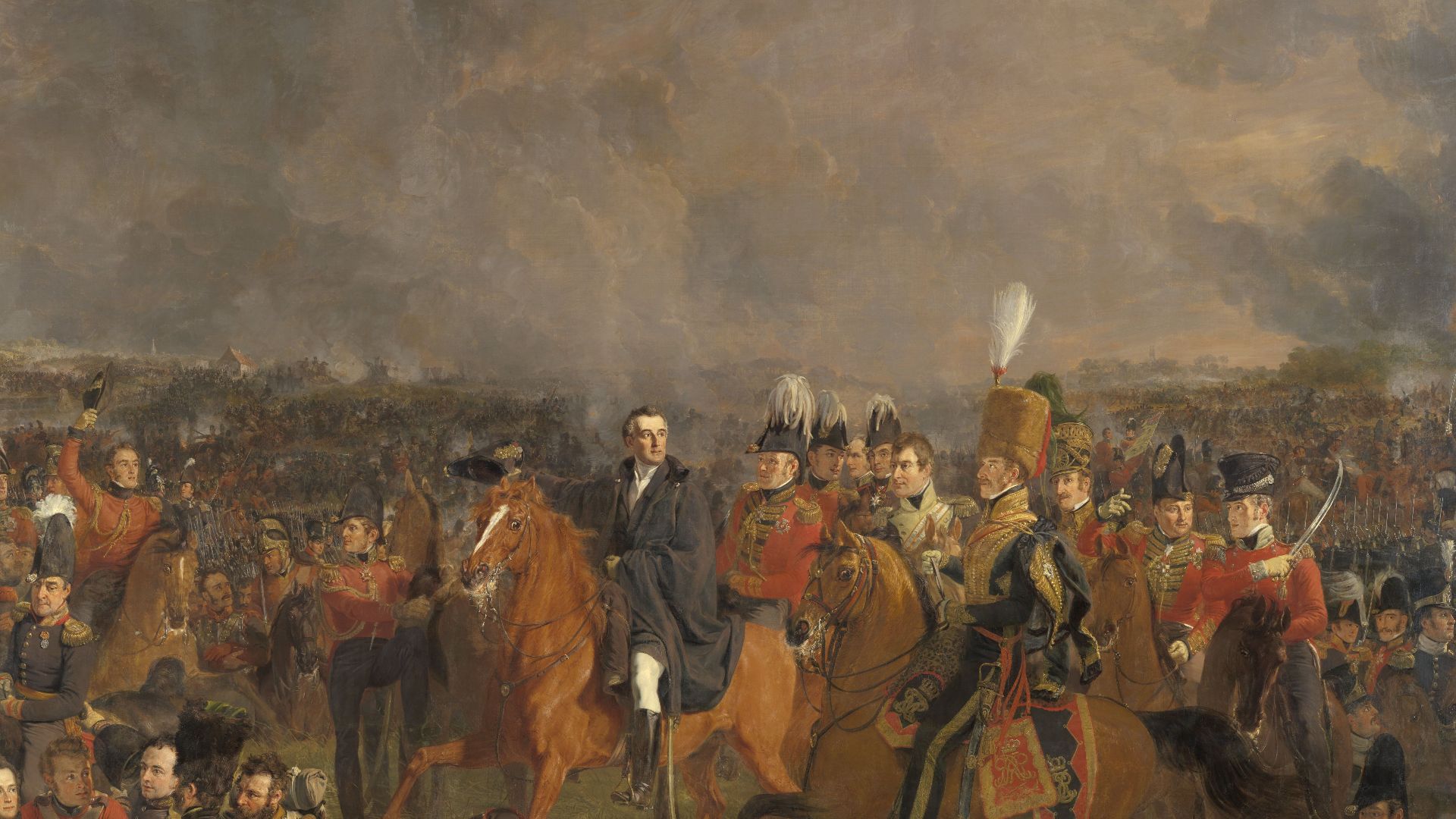 The Battle of Waterloo, 18 June 1815. View of the battle field on the moment that the British commander Wellington receives the message that help from Prussian troops is underway. Bottom left the wounded Prince of Orange is being carried away. The command