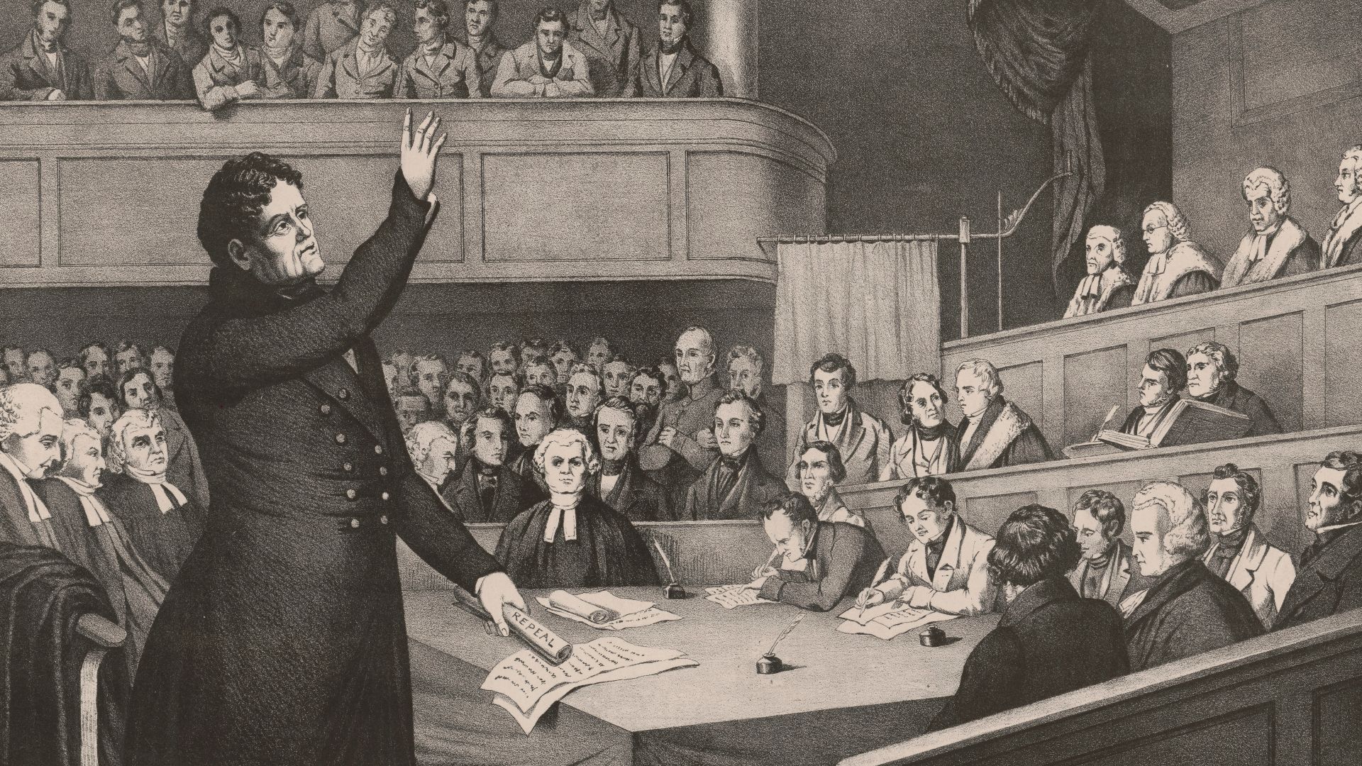 Title: Daniel O'Connell - defending the rights of his countrymen in the courts of Dublin, Feb. 4, 1844 / J.H. Daniels, Lith.
Abstract/medium: 1 print : lithograph.