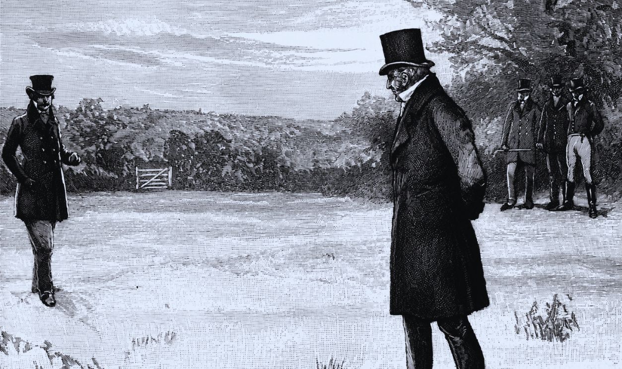 Gettyimages - 588258220, Duke of Wellington s Duel with George Fi Duke of Wellington s Duel with George Finch-Hatton, 10th Earl of Winchilsea. Battersea Fields on, 21 March 1829. DW: Arthur Wellesley, 1st Duke of Wellington - Prime Minister of England, c. 1 May 1769  14 September 1852. Also known as The Iron Duke. 