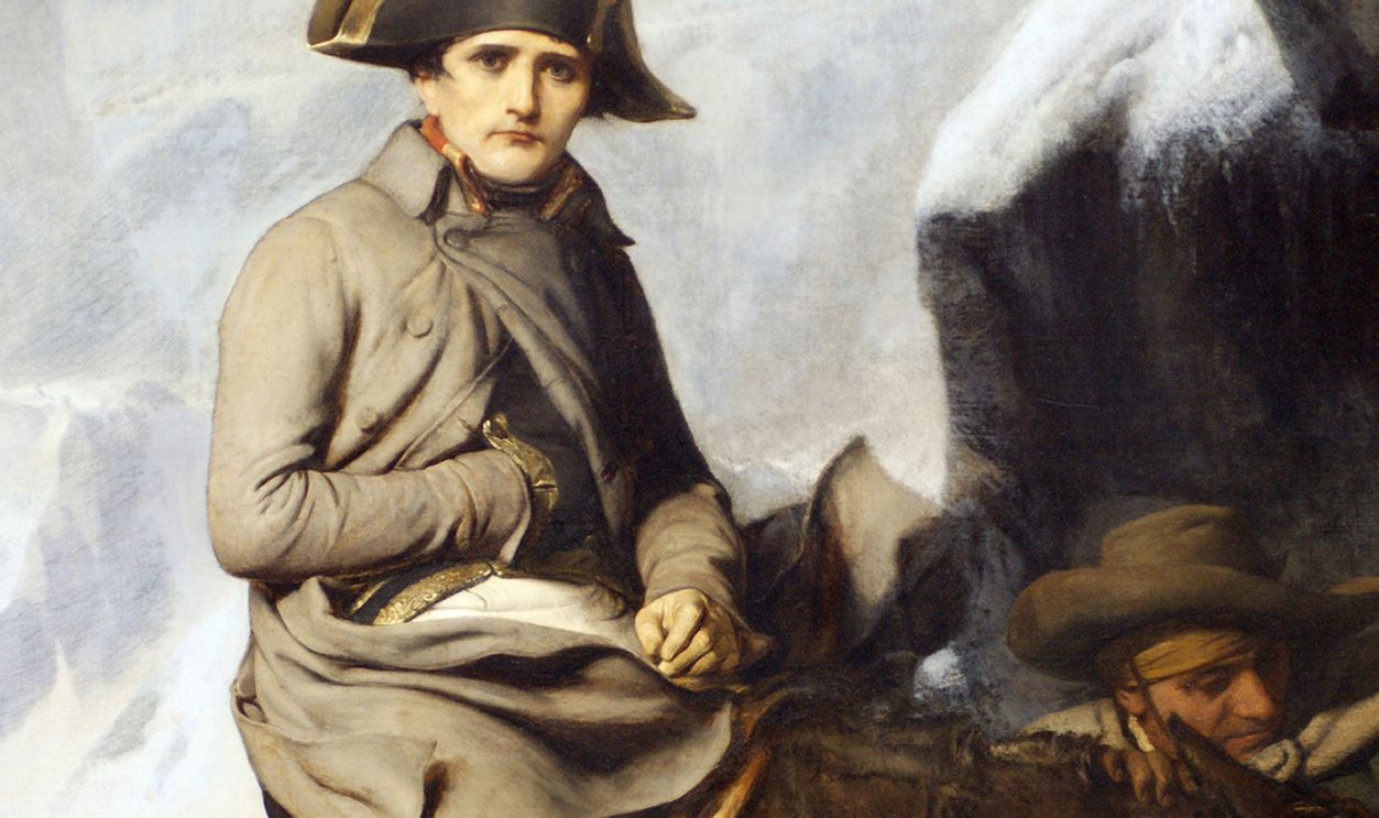 Napoleon Bonaparte Crossing the Alps in 1800 by school of Paul Delaroche 1848-1850. Oil on canvas. Located in the Musee du Louvre, Paris, France. 