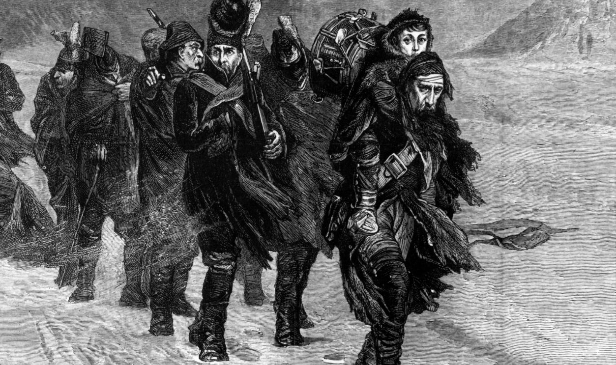 March From Moscow 1812: Having arrived in Moscow to find it abandoned and destroyed, Napoleon's army retreats from Russia, losing many soldiers to cold and starvation. An engraving by L J Pott. Original Publication: The Graphic - On The March From Moscow - pub. 1873