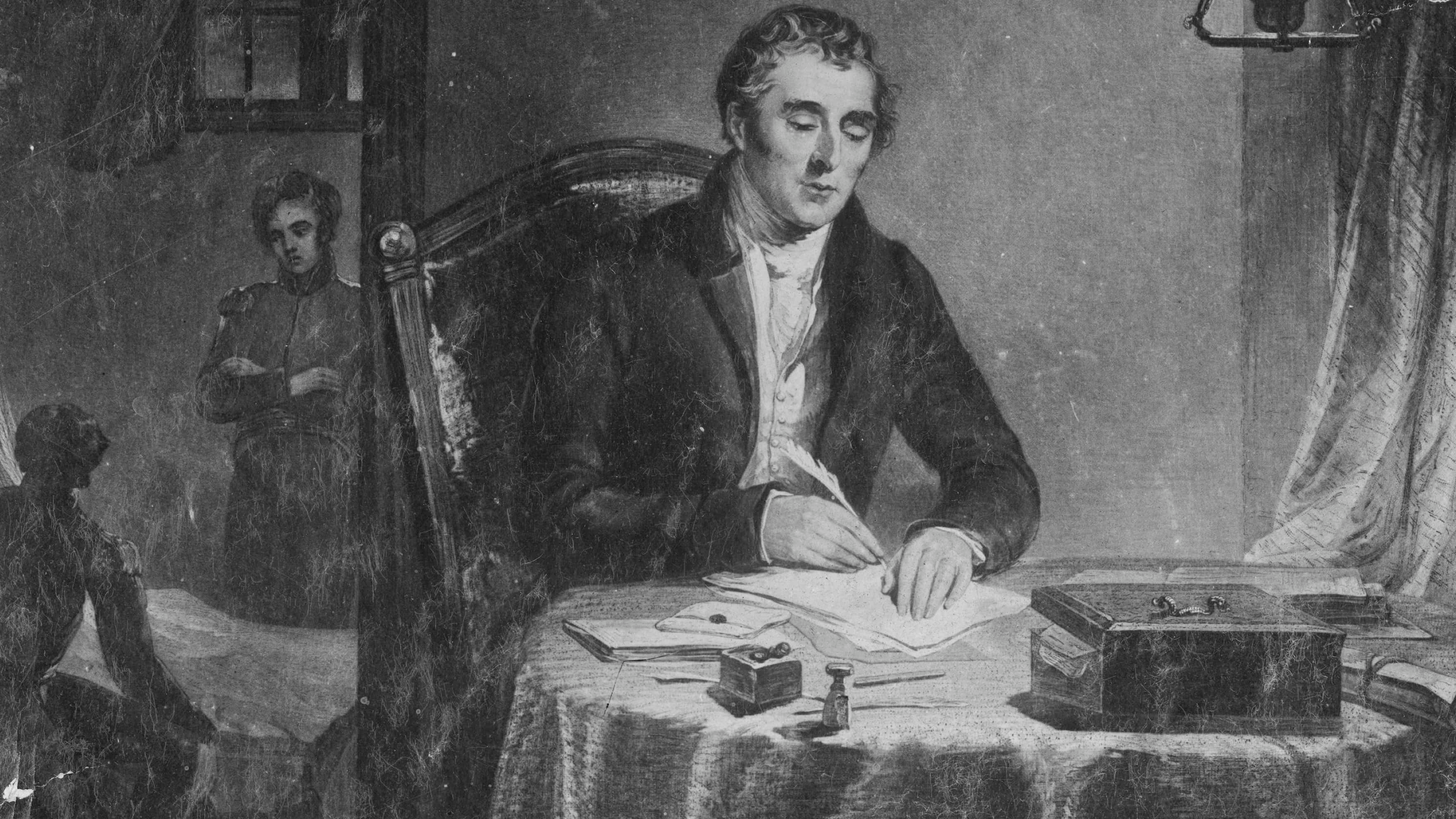 Gettyimages - 514973379, The Battle of Waterloo Field Marshal Arthur Wellesley, 1st Duke of Wellington writing his dispatch on the action after the Battle of Waterloo during the Napoleonic War of the Seventh Coalition on 19th June 1815 at Waterloo, Belgium. After an original by the Countess of Westmoreland.