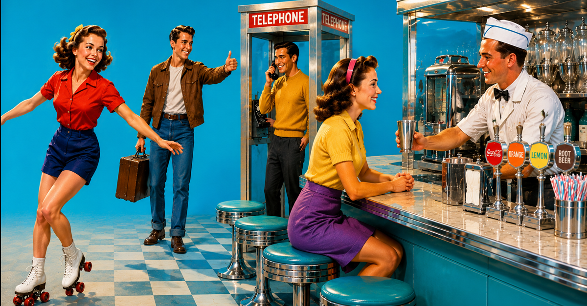 Retro image of roller skating, hitchkiking, phone booth, and soda machine