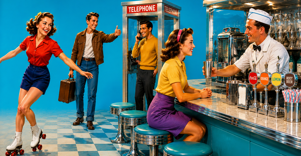 Retro image of roller skating, hitchkiking, phone booth, and soda machine