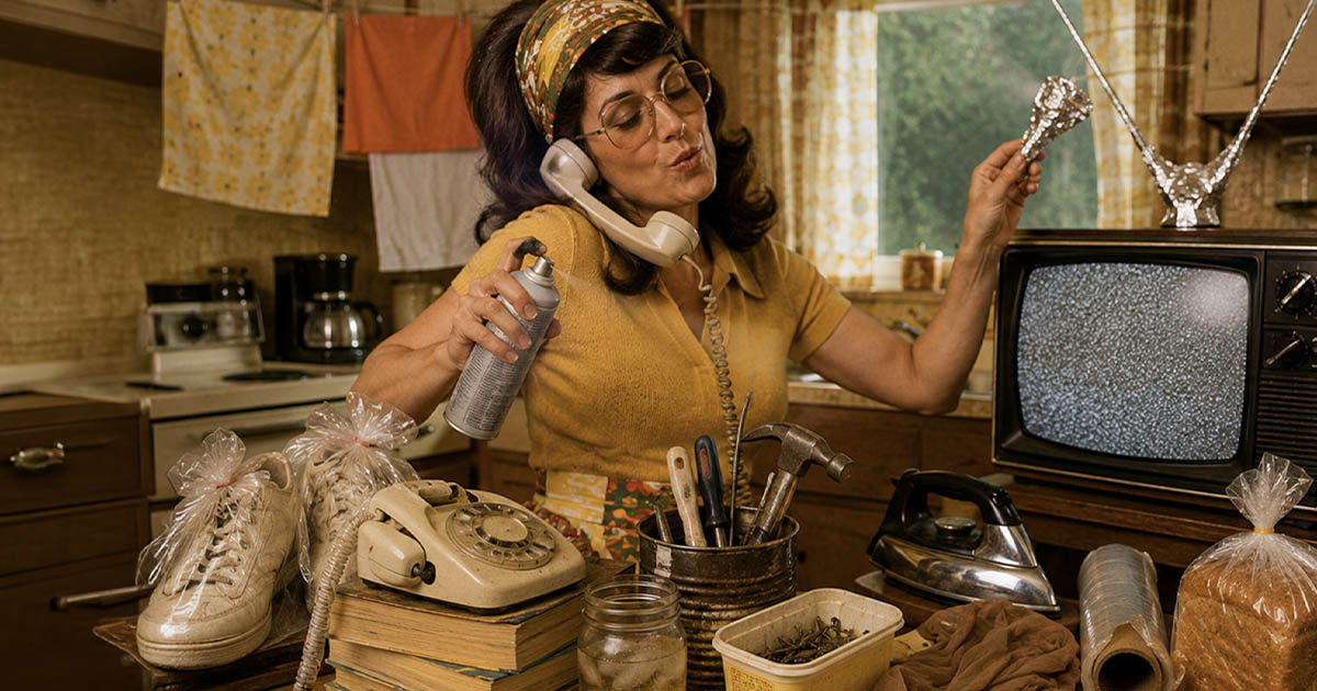 Woman in the 1970s with an array of common household items