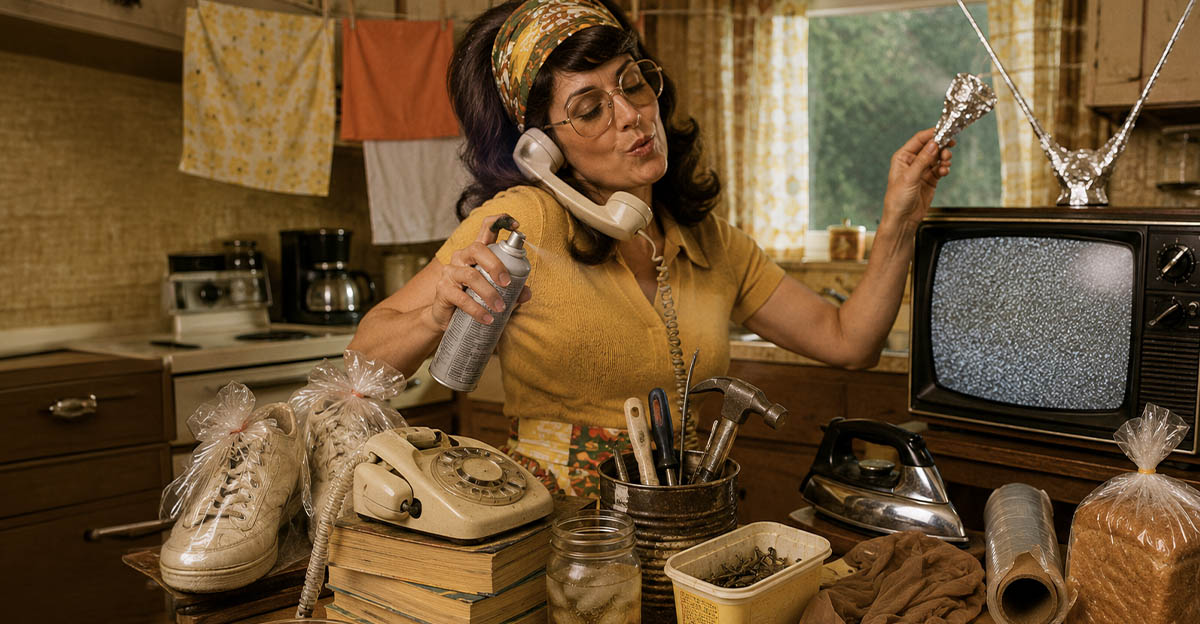 Woman in the 1970s with an array of common household items