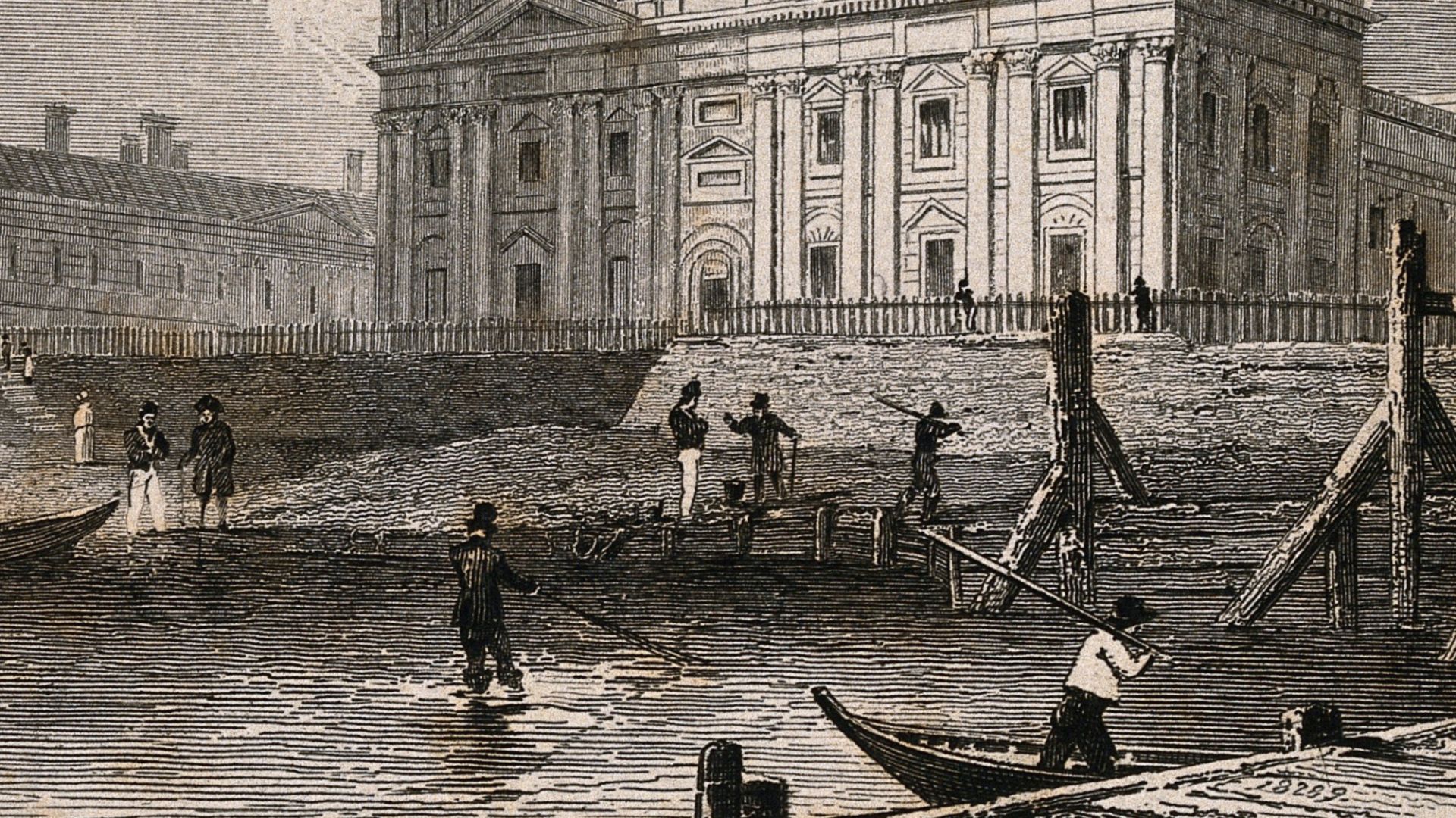 Royal Naval Hospital, Greenwich, with fishermen and mudlarks in the foreground, viewed from a pier. Engraving by J. Hinchliff, 1829, after W. Bartlett, 1828.
Iconographic Collections
Keywords: Royal Hospital for Seamen at Greenwich; J Hinchliff; William