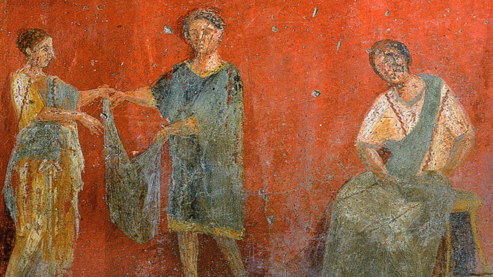 Workers putting up clothes for drying.
Roman fresco from the fullonica (fuller's shop) of Veranius Hypsaeus in Pompeii.

Museo Archeologico Nazionale (Naples)