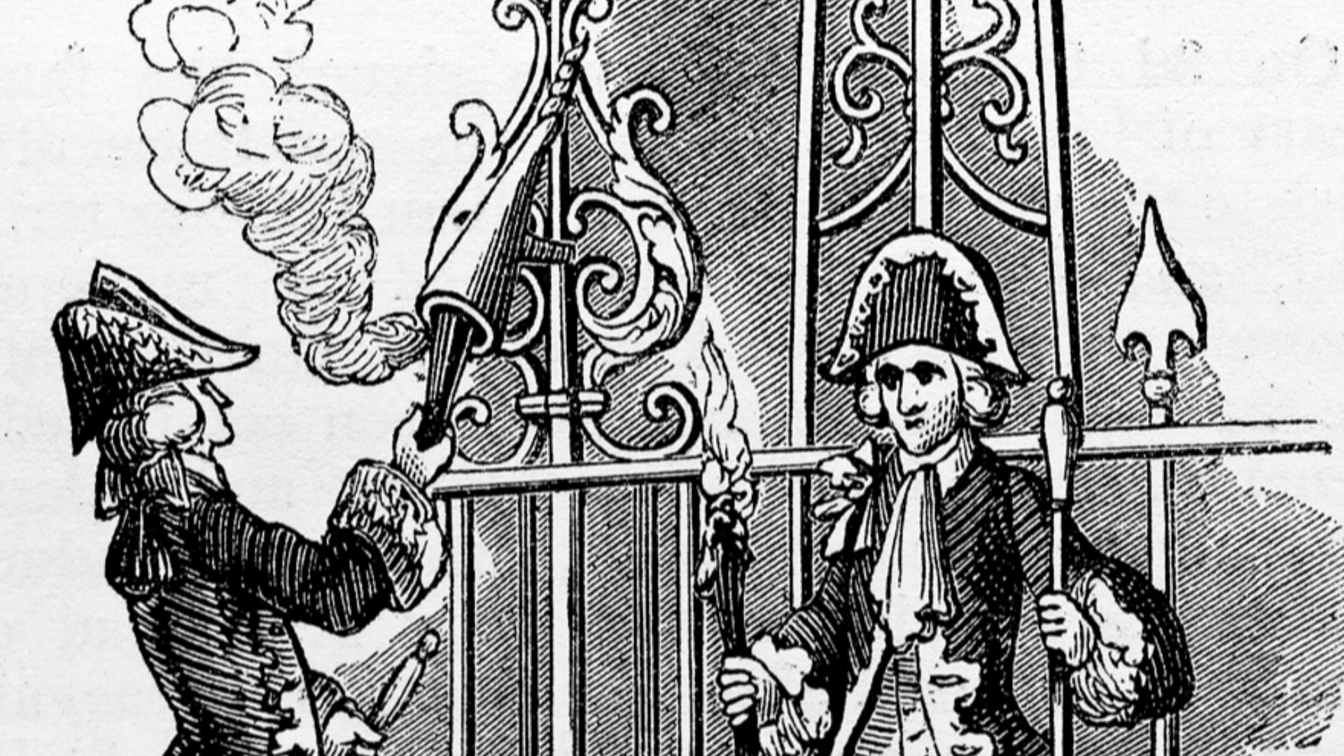 Engraving showing a link boy extinguishing his torch in a link extinguisher at a doorway in Grosvenor Square, London