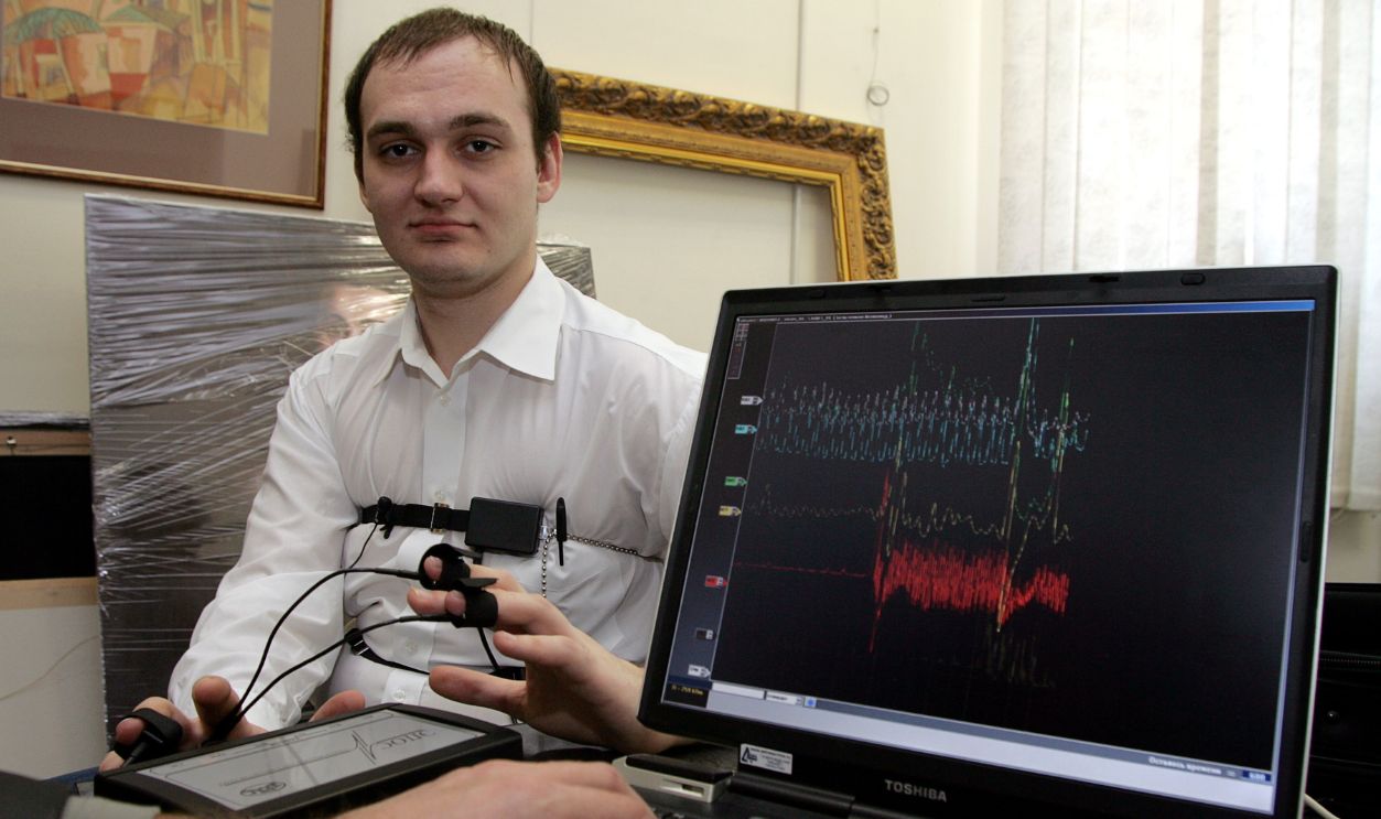 A computerized polygraph machine being used in a simulated situation on February 26, 2007 in Moscow, Russia. Russian human rights activists oppose a bill in Moscow's city legislature that would allow companies to give prospective employees lie detector tests.
