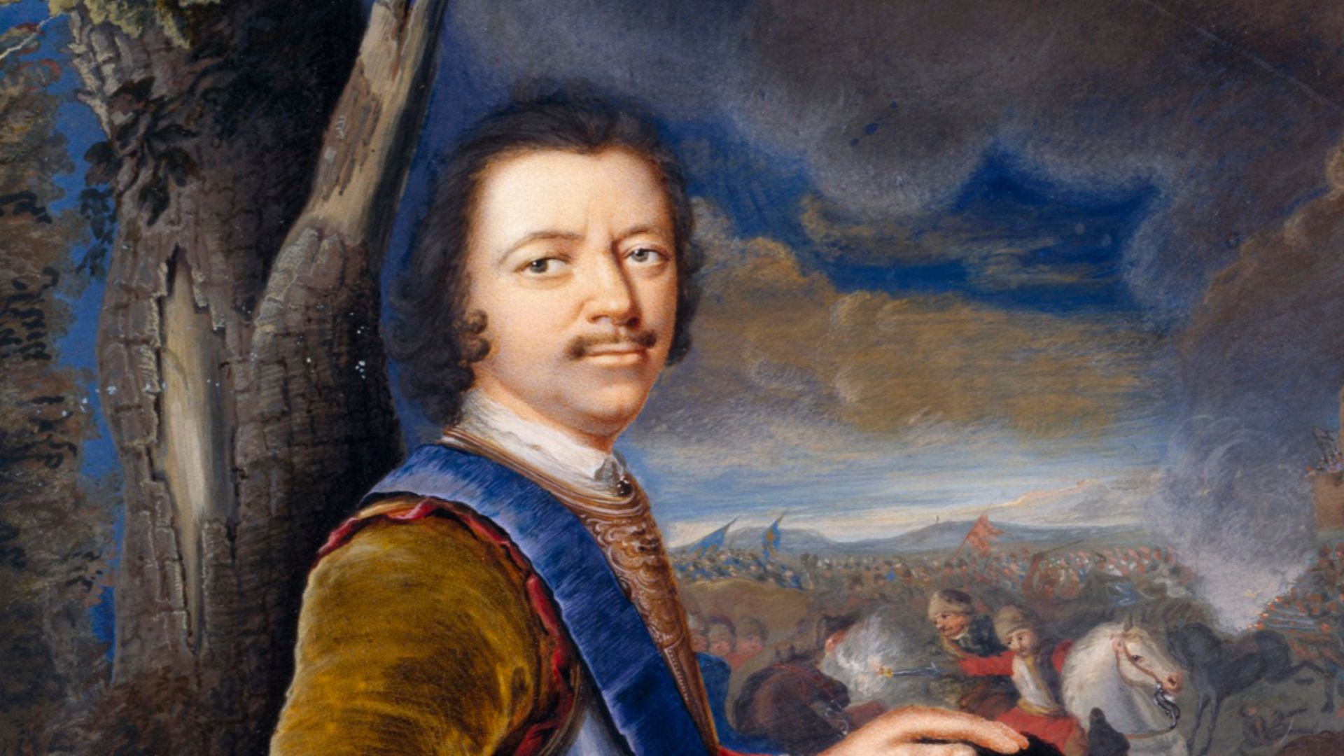 This is a portrait of Peter the Great, Tsar of Russia (1672–1725), and his black page boy wearing a slave collar. It is by the German artist Baron Gustav von Mardefeld and dates from the early 18th century. They are shown on the battlefield and are wearin