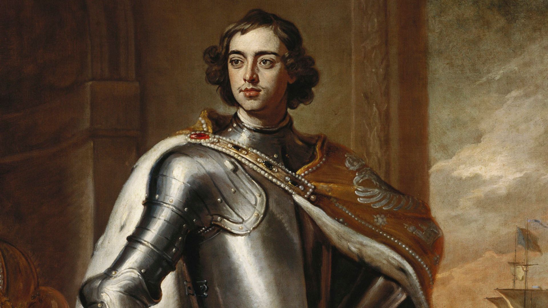 Portrait of Russian Tsar Peter I the Great by Godfrey Kneller (1698). This portrait was Peter's gift to King of England William III. It was painted in 1698 when, between 11 January and 21 April, Peter the Great was in London visiting William III. This was