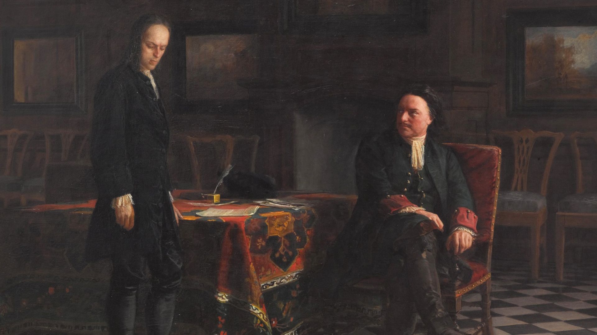 Peter the Great Interrogating the Tsarevich Alexei Petrovich at Peterhof. Painted by Nikolai Ge in 1871. Ge created two identical paintings: one purchased by Pavel Tretyakov and another one by Russian Tzar Alexander II. The first is now exhibited in the T