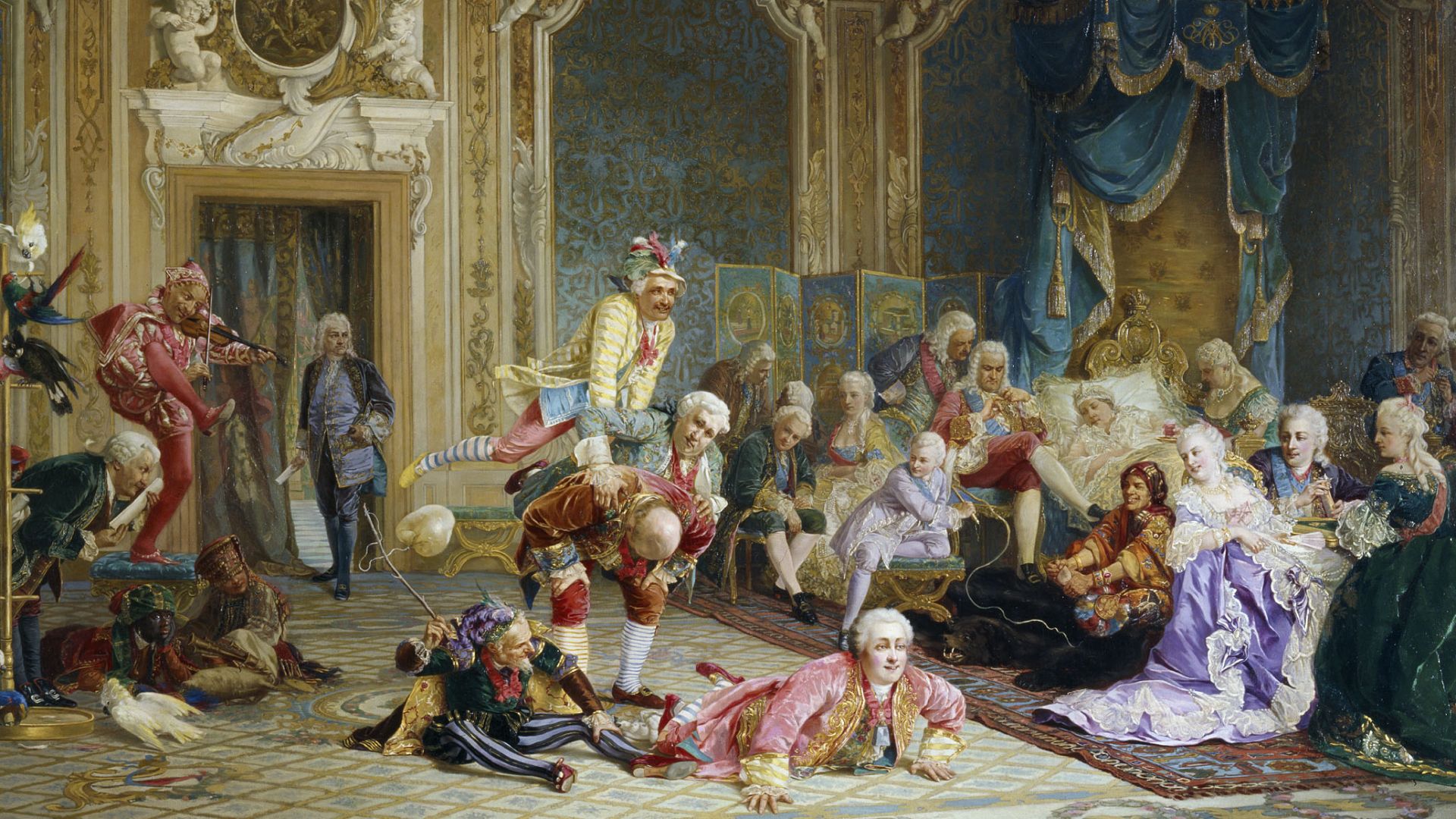 Валерий Иванович Якоби (1834-1902) «Шуты при дворе императрицы Анны Иоанновны»
Композиция включает 26 фигур: собравшихся в спальне недомогающей императрицы Бирона (сидит у ее изголовья) и придворных стараются развеселить шуты, играющие в чехарду. Это М.А.