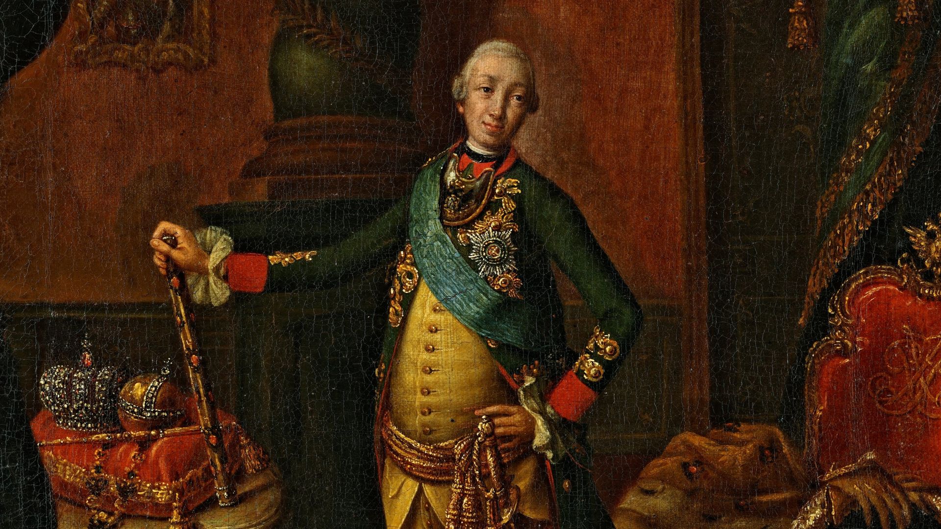 В феврале 1762 года А.П. Антропов исполняет небольшой эскиз для парадного портрета Петра III, который всего два месяца как вошел на российский престол. Новый император изображен в условном интерьере, похожем на личные дворцовые покои. Начальный вариант ещ