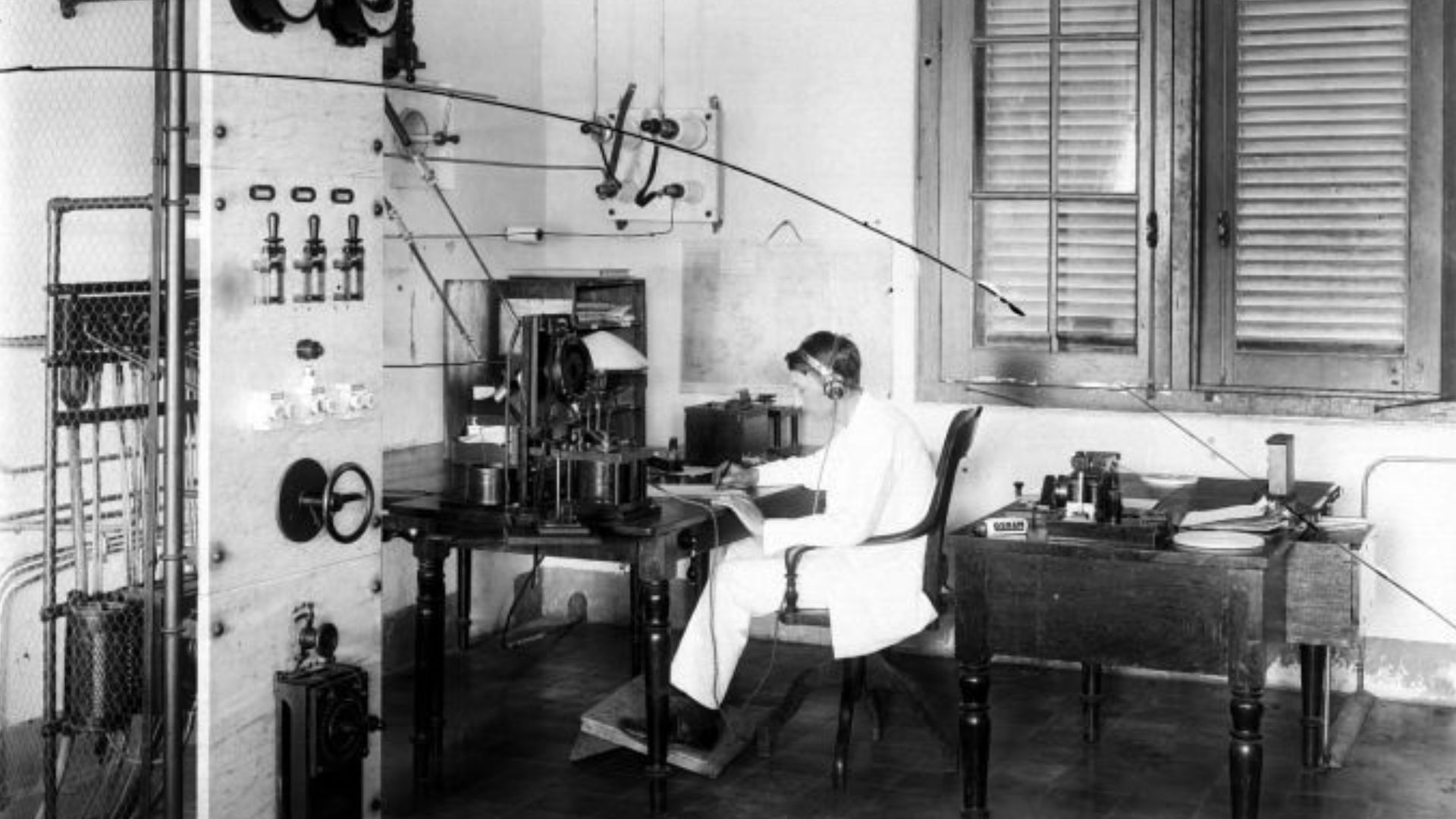 An early radiotelegraphy station, probably from the 1920s, on Sabang island, Indonesia. During the 1910s and 20s European countries built worldwide networks of long distance radiotelegraphy stations to communicate with their colonies abroad.  The operator