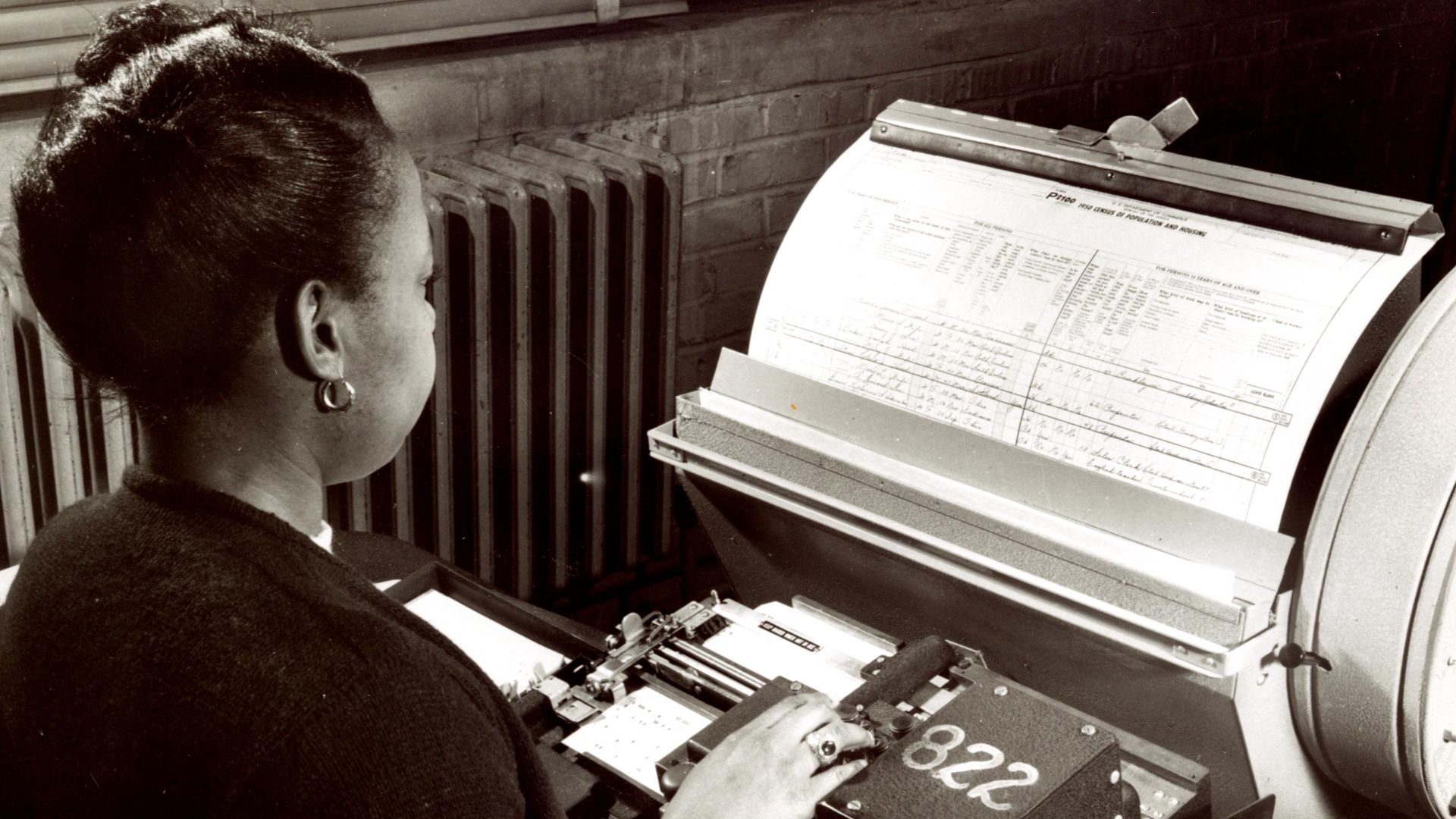 A clerk employee creates punch cards containing data from the 1950 Census. The Census Bureau initially tabulated the 1950 Census using punch cards and electronic tabulators reminiscent of those developed by Herman Hollerith prior to the 1890 Census. After
