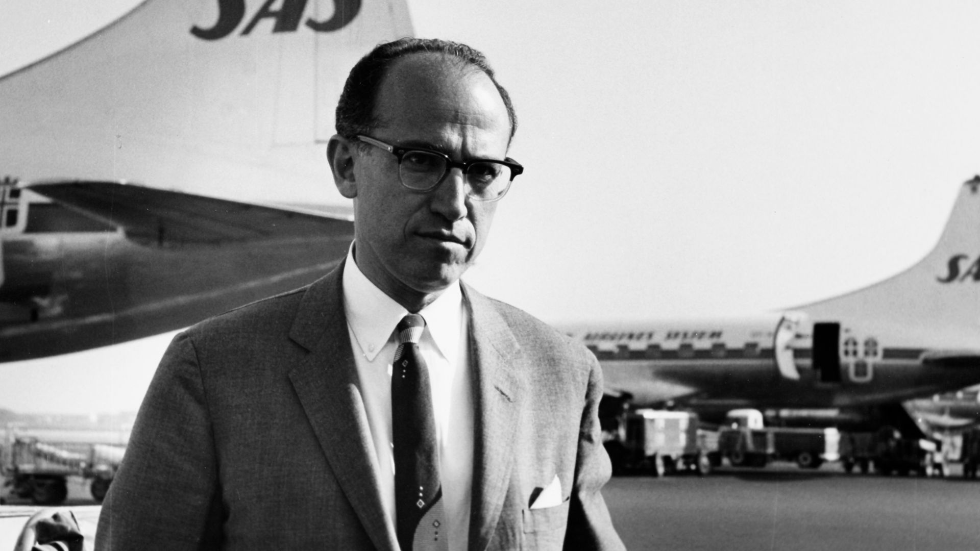 Dr Jonas Edward Salk, creator of Salk polio vaccine, at Copenhagen Airport.