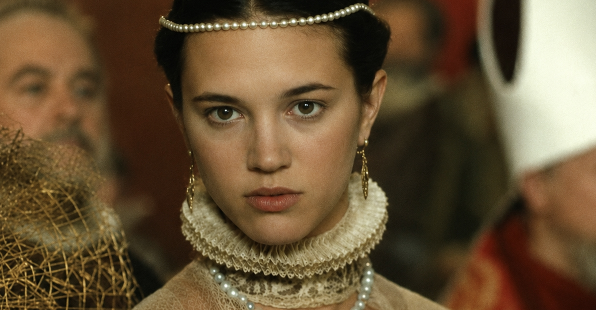 Charlotte de Sauve dressed in royal attire looking at the camera