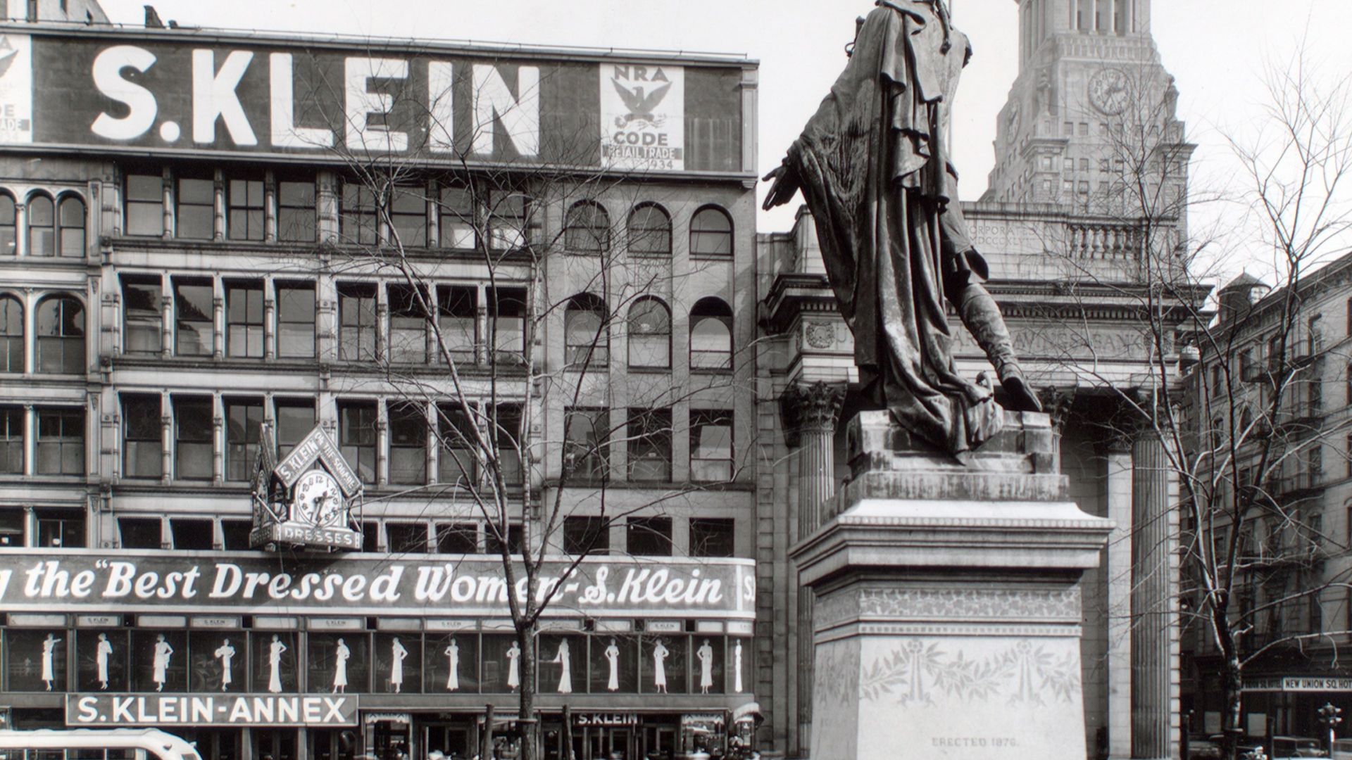 * Looking up at statue of Lafayette from behind and left, S. Klein's annex store, Union Square Savings Bank (on the northeast corner of East 15th Street and Union Square East), a hotel and the Consolidated Edison Building, beyond.
Citation/Reference: CNY#