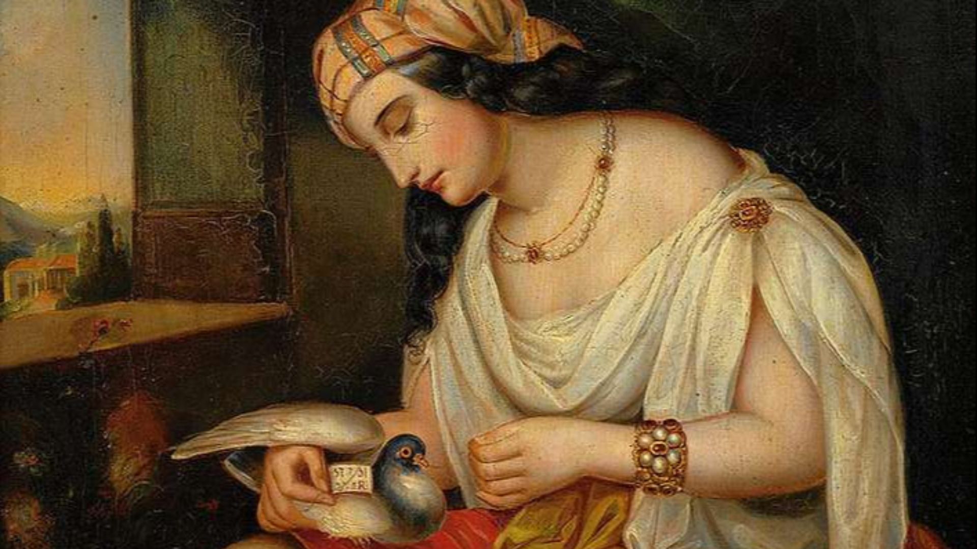 Friedrich von Amerling, 19. Jh.: Junge Frau im orientalischer Kleidung mit Brieftaube Oil on canvas, 42 x 35,5 cm