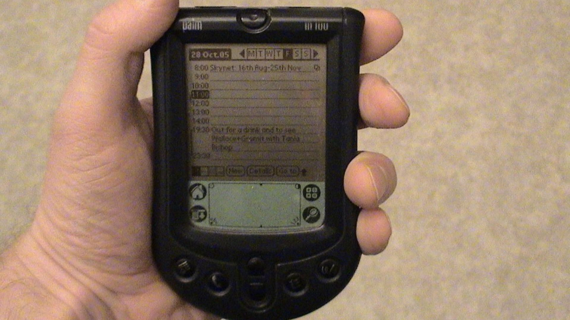 This black and white Palm m100 was mine until December 2005, when I replaced it with the Palm TX, as I was unable to find a cable which would synchronise with my new laptop.