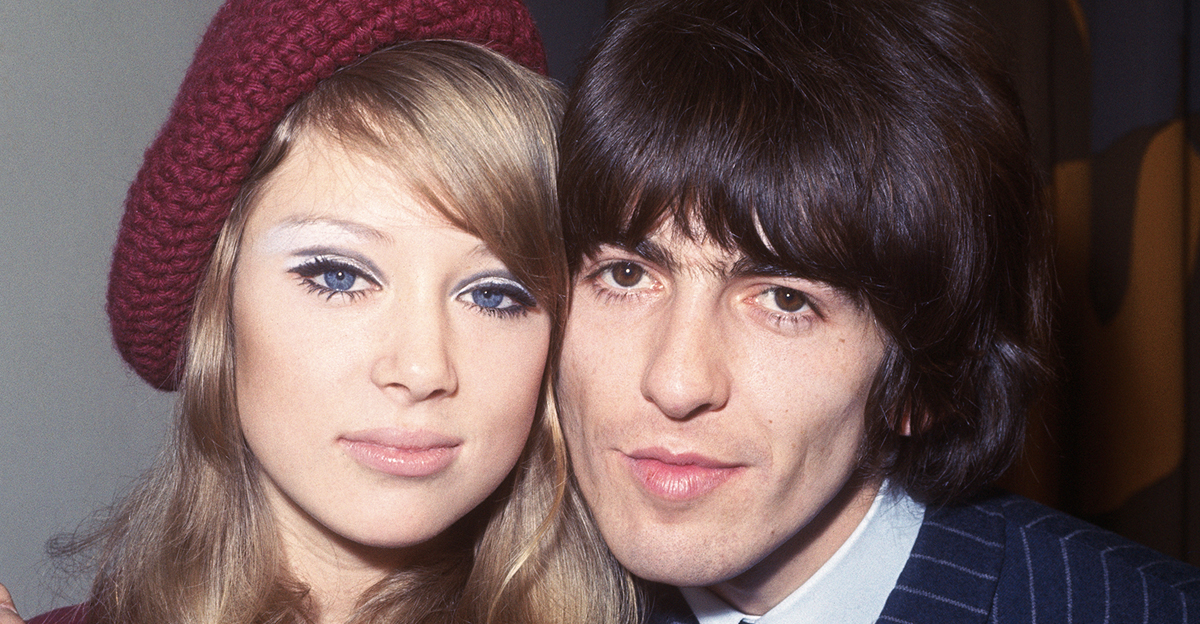 George Harrison, 22, hugs his bride, model Patti Boyd, 21, after they were married at the register office in Epsom, January 21st. Harrison became the third member of the popular singing group to get married. Paul McCartney is the only unmarried beatle.