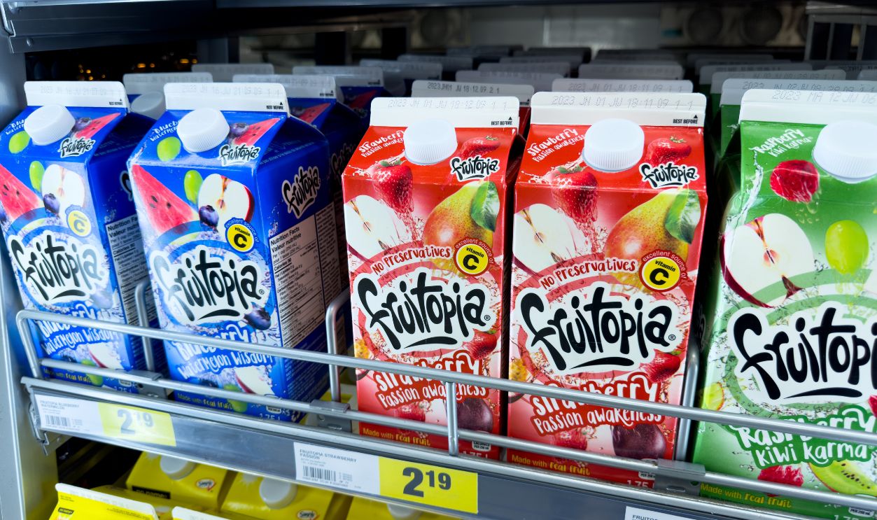 Winnipeg, Manitoba, Canada - 05-08-2023: A view of several cartons of Fruitopia juice, on display at a local grocery store.