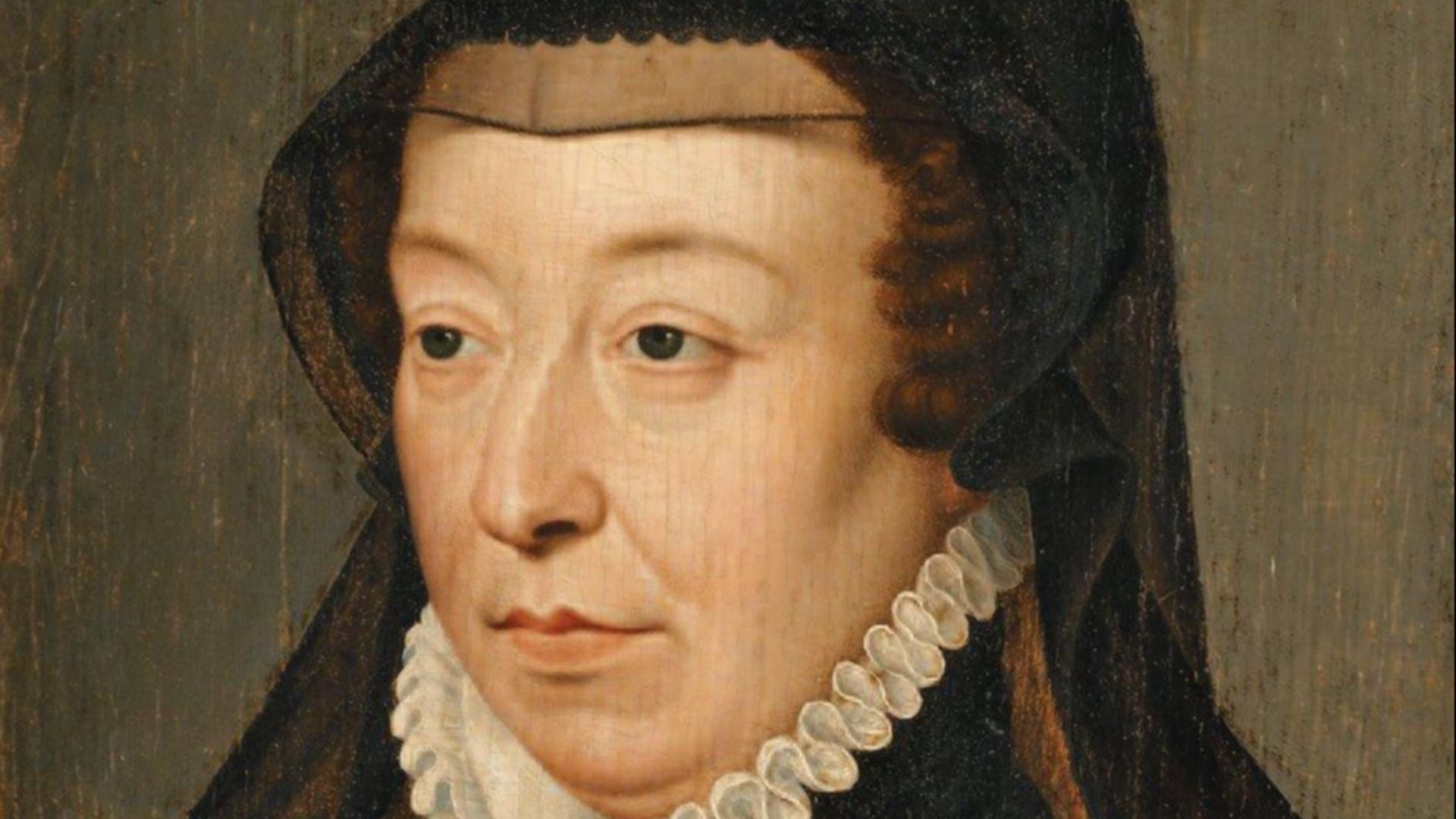 Portrait of Catherine de' Medici (1519-1589), widow of Henry II of France (1519-1559). She wears the black cap and veil of widow, after 1559.