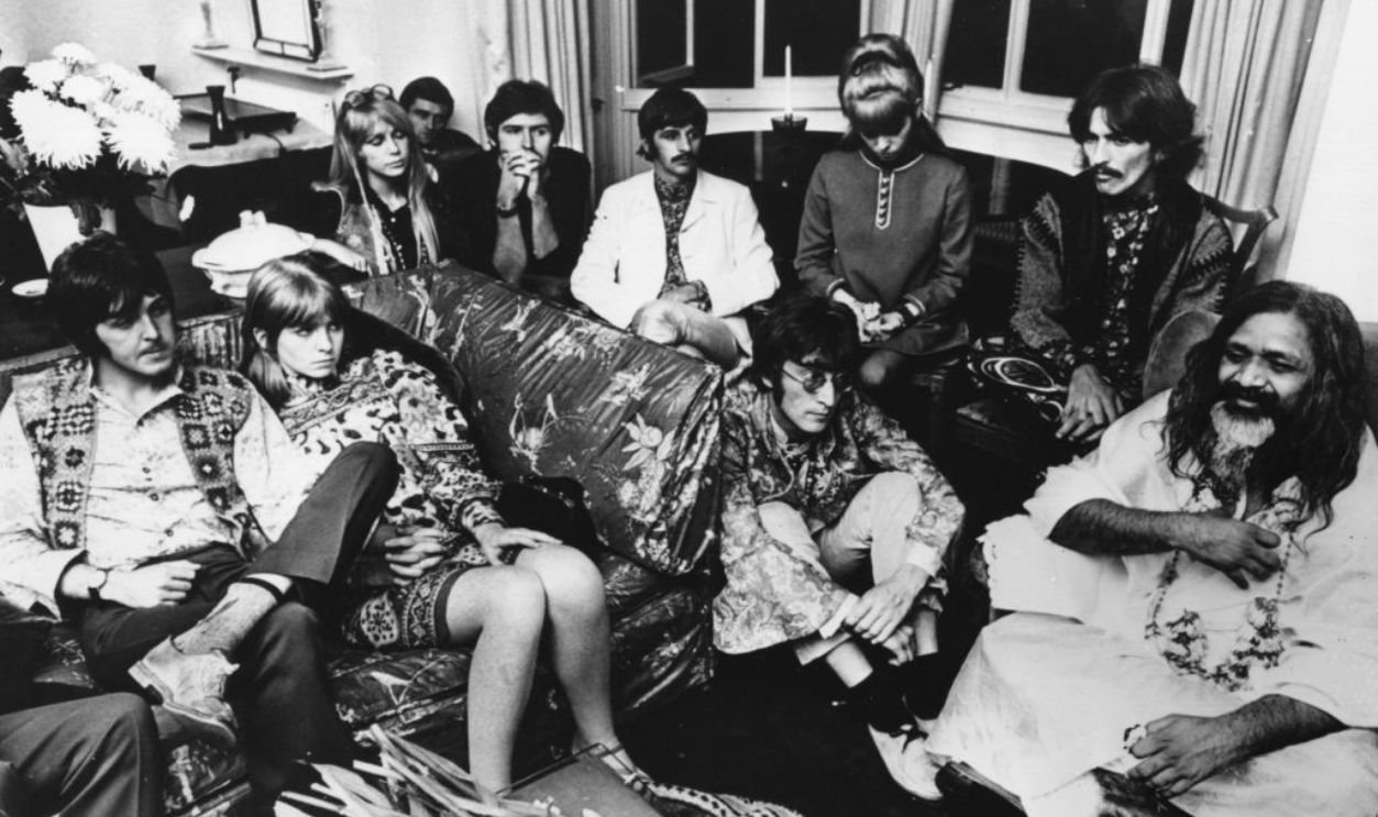The Beatles and friends give an audience to the Maharishi Mahesh Yogi, 4th September 1967. From left to right; Paul McCartney, Jane Asher, Patti Harrison, Mike McCartney, Ringo Starr, his wife Maureen, John Lennon (1940 - 1980), George Harrison (1943 - 2001) and Maharishi Mahesh Yogi.