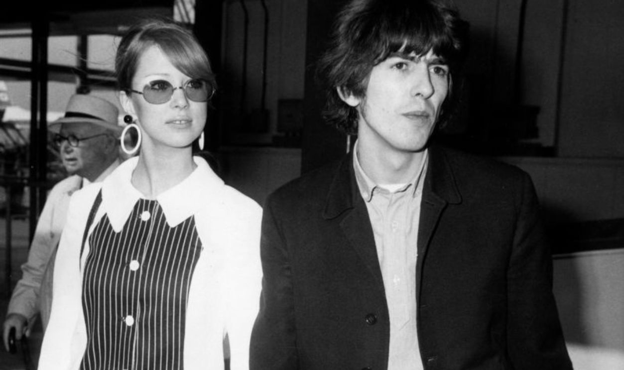 UNITED KINGDOM - FEBRUARY 08: Photo of George HARRISON and Patti BOYD and BEATLES; of The Beatles, with his wife Patti Boyd (Patti Harrison) en route to a holiday in Barbados