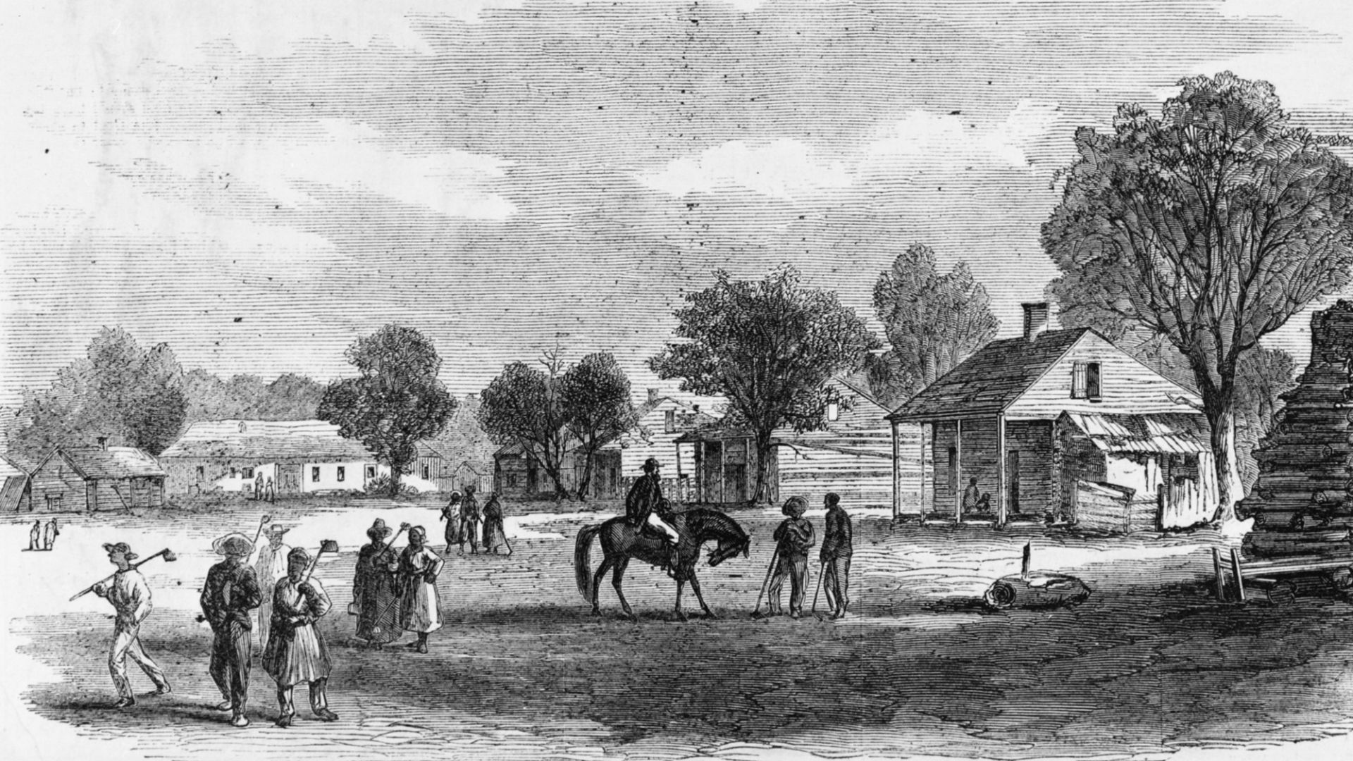 Former slave quarters at Jefferson Davis' old plantation Brierfield, drawn by A.R. Waud, etching published 1866 in Harper's Weekly