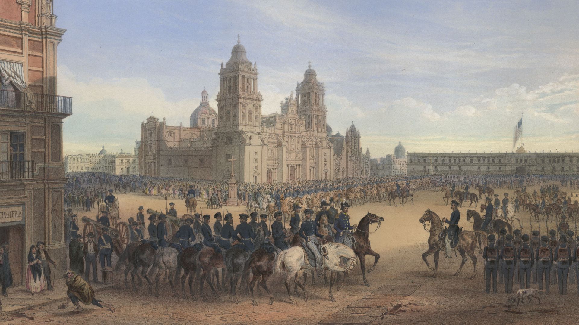 General Scott's entrance into Mexico in the Mexican-American War. Hand-colored lithograph; original size of painted area: 43.2×28.2 cm.