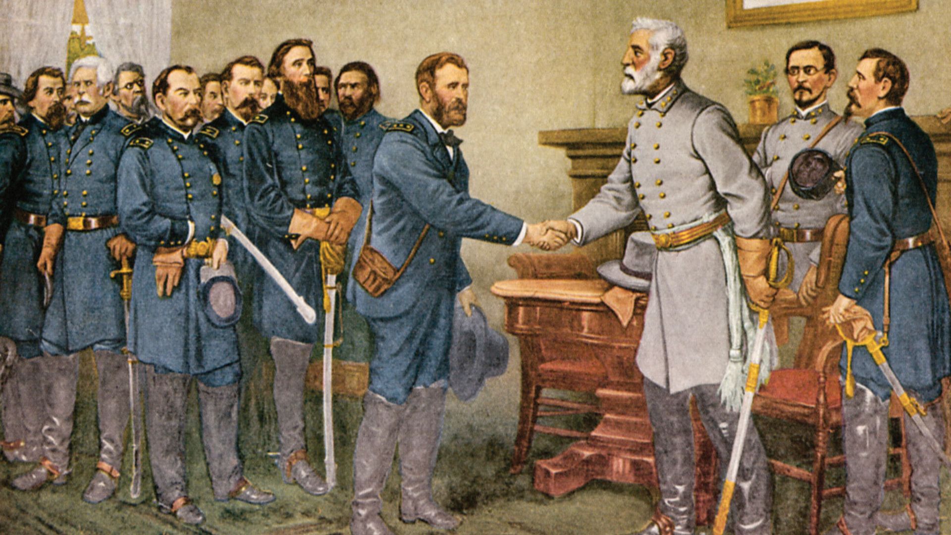 Lee's surrender 1865. 'Peace in Union.' The surrender of General Lee to General Grant at Appomattox Court House, Virginia, 9 April 1865. Reproduction of a painting by Thomas Nast, which was completed thirty years after the surrender.