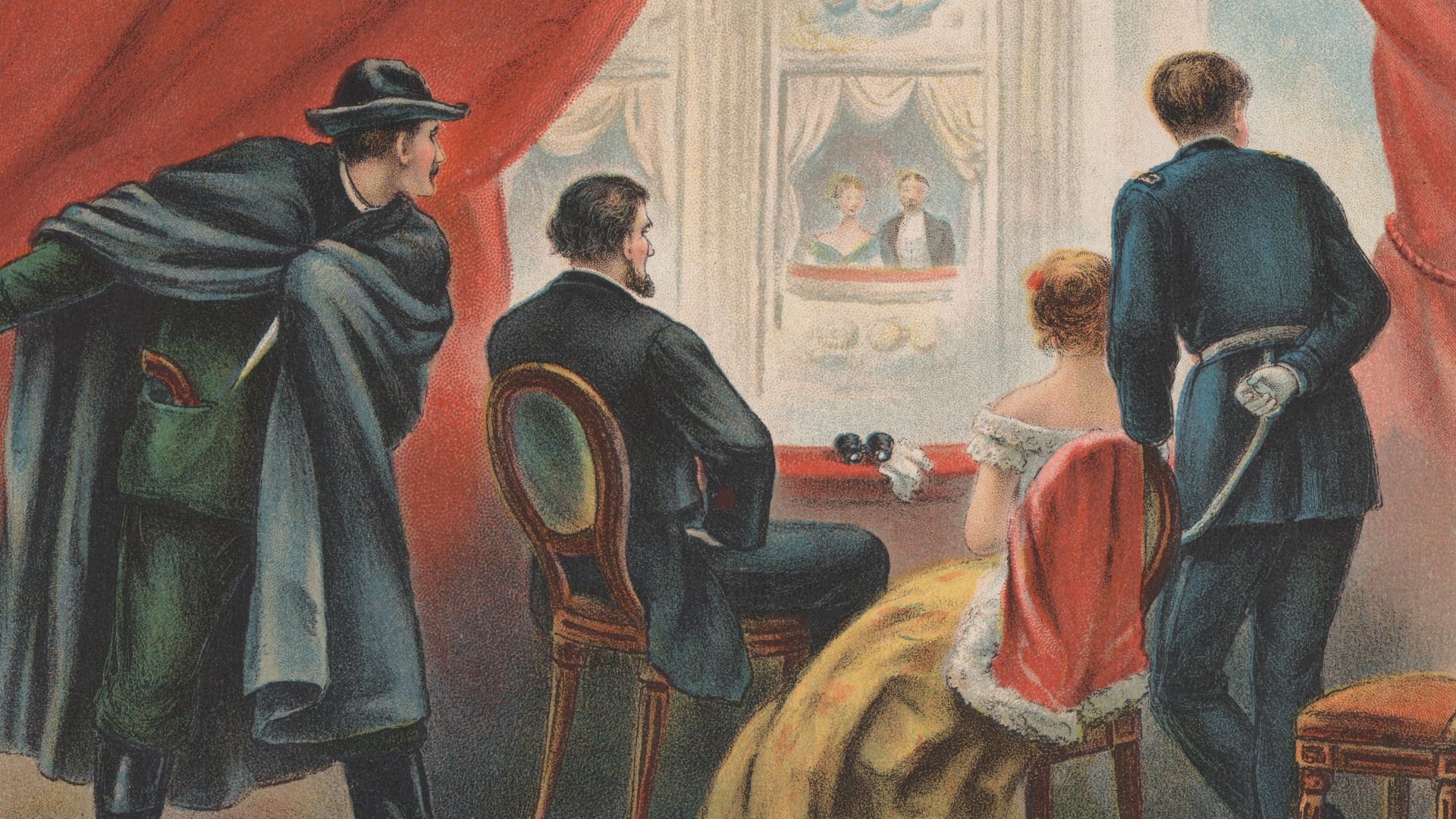 Painting depicting Lincoln's assassination. From left to right: John Wilkes Booth, Abraham Lincoln, Mary Todd Lincoln, Major Henry Rathbone.