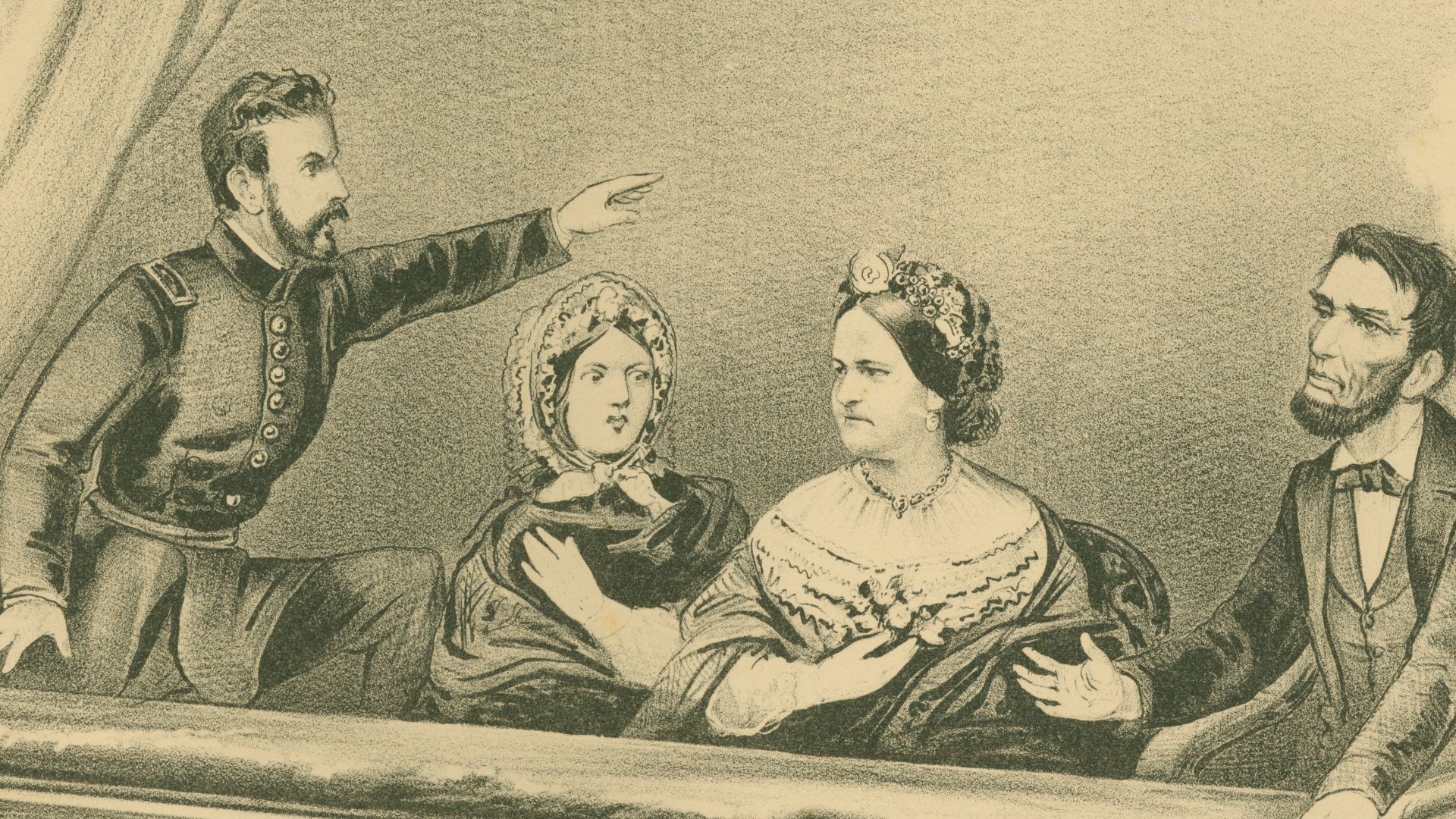 Print of the balcony at Ford's Theater with Maj. Rathbone, Miss Harris, Mrs. Lincoln, President Lincoln and John Wilkes Booth, labeled in the picture as
