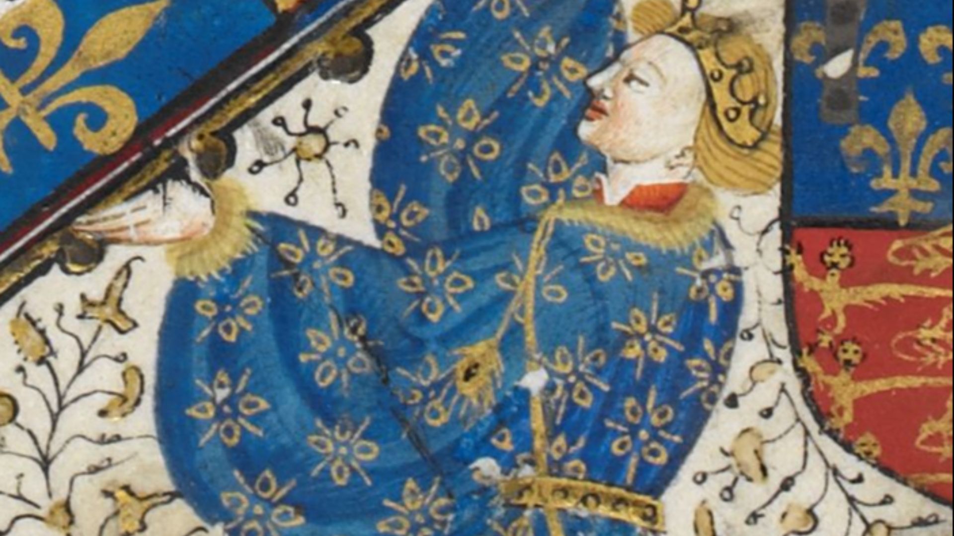 Detail from the frontispiece of the illuminated manuscript Talbot Shrewsbury Book. In this detail Richard of York is shown supporting a giant fleur-de-lys, tracing the ancestry of Henry VI back to Saint Louis IX and justifying Henry's claim to the kingdom