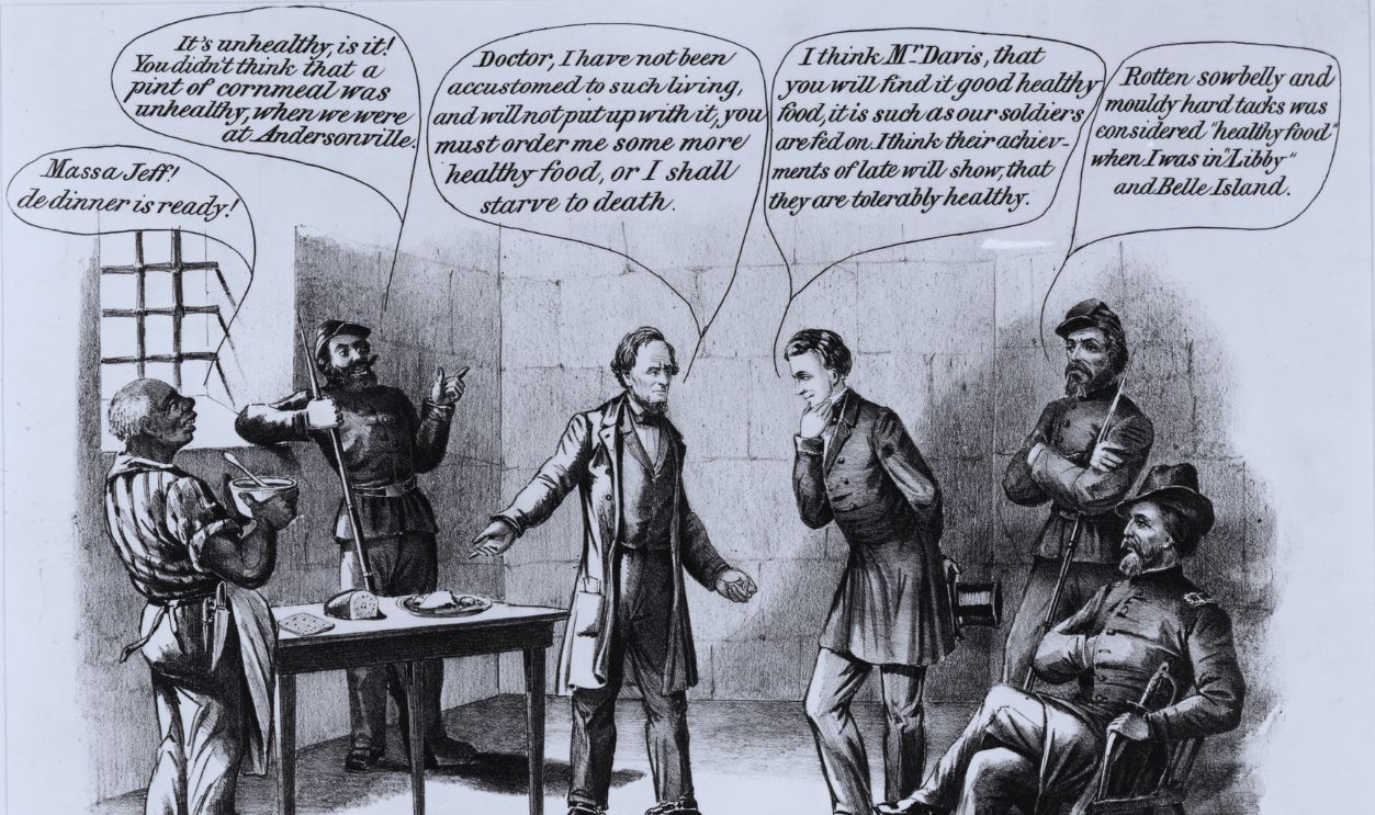 Gettyimages - 3435221, No Sympathy For Jeff 1865: A cartoon showing Jefferson Davis (1808 - 1889), the first and only President of the Confederate States of America, complaining about the food he is served in a Union prison. He receives little sympathy from his guards, who are survivors of Andersonville and Libby island, two notorious confederate prisons.