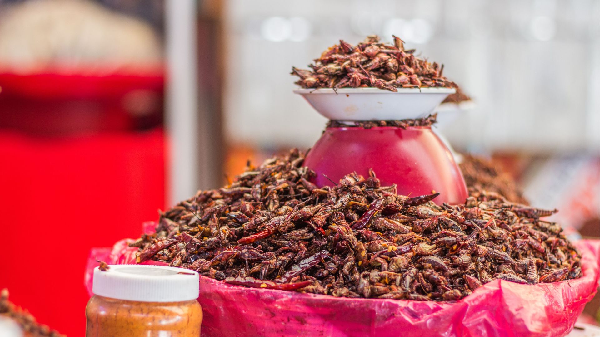 A vibrant display of edible insects in a market setting, ready for purchase.
