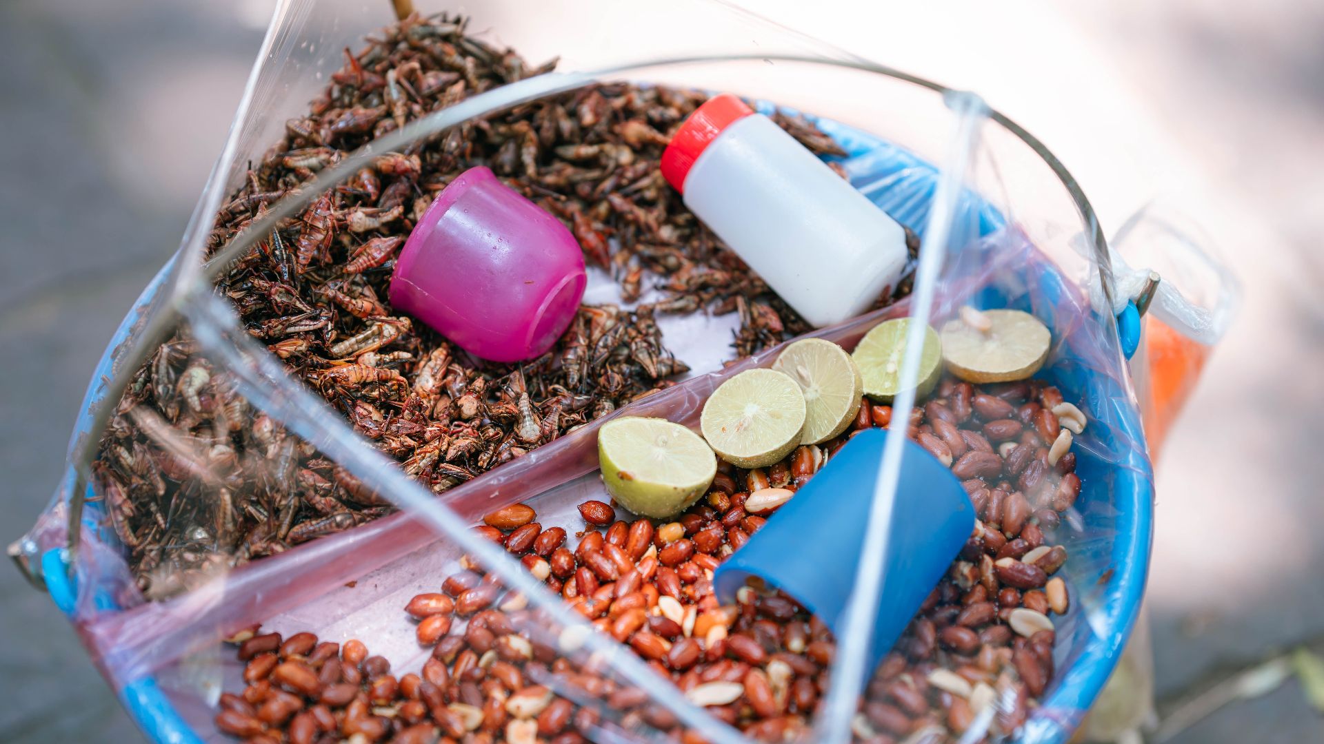 Colorful display of traditional Mexican street snack including peanuts, grasshoppers, and limes.