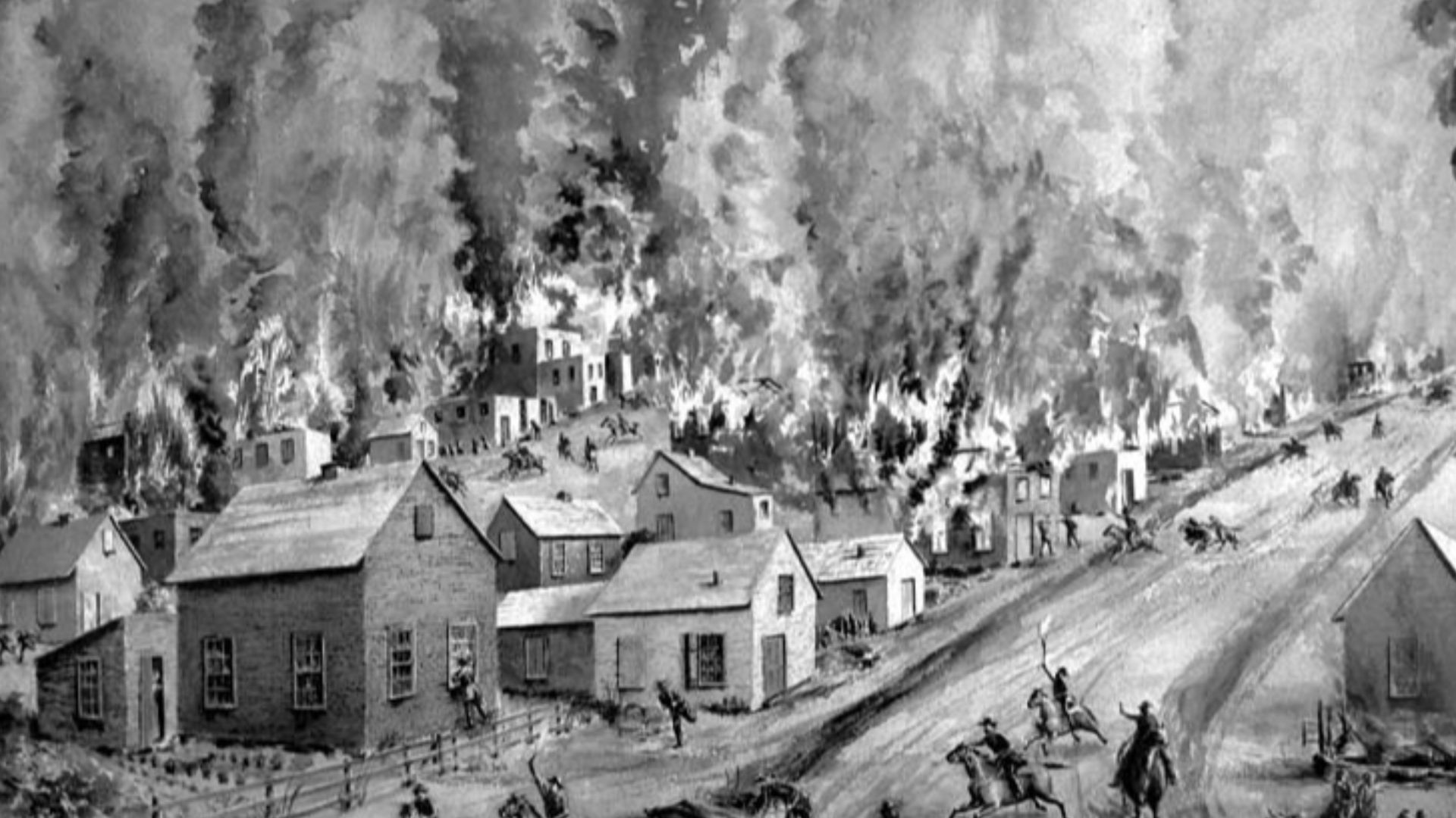 Black and white water color on paper was created by Lauretta Louise Fox Fisk, wife of Washburn College sociology professor Dr. D.M. Fisk, shows Quantrill's raid on Lawrence, Kansas, August 21, 1863.
