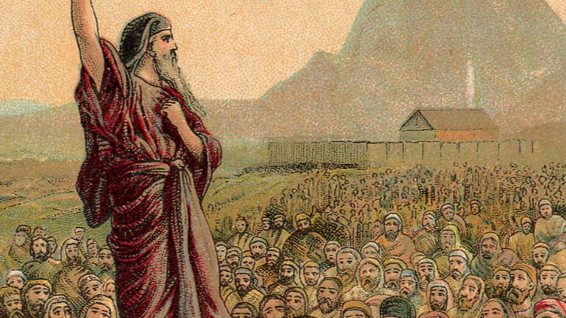 Moses Pleading with Israel, as in Deuteronomy 6:1-15, illustration from a Bible card published 1907 by the Providence Lithograph Company