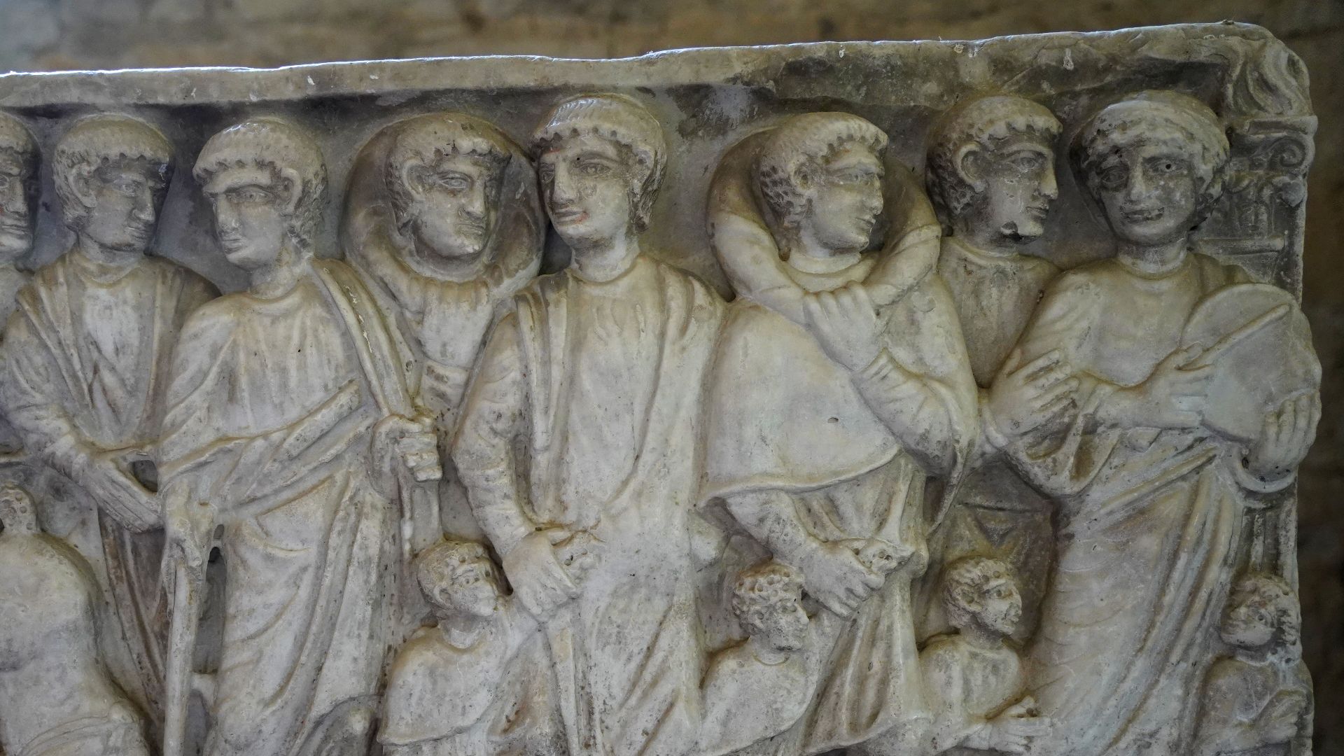 Roman Sarcophagus with relief showing Israelites crossing the Read Sea (390s). In the Archaeological Museum, Split, Croatia. Marble, 4th C. Split, Monastery of St Francis.