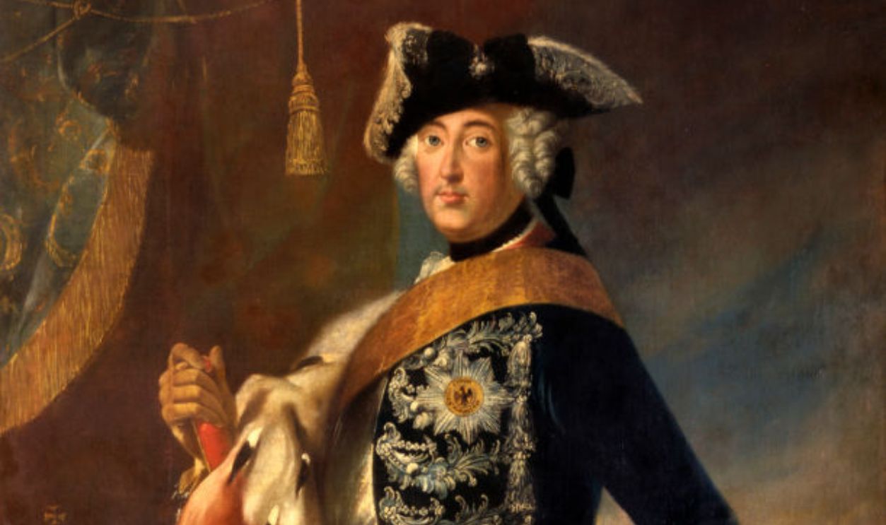 Portrait of Frederick II of Prussia called the Great, by Unknown German Artist, 1740, 18th Century, oil on canvas. Italy, Lombardy, Milan, Castello Sforzesco, Civic Collections of Ancient Art. Whole artwork view. Portrait of the King or Prussia in formal dress with ermine cloak.