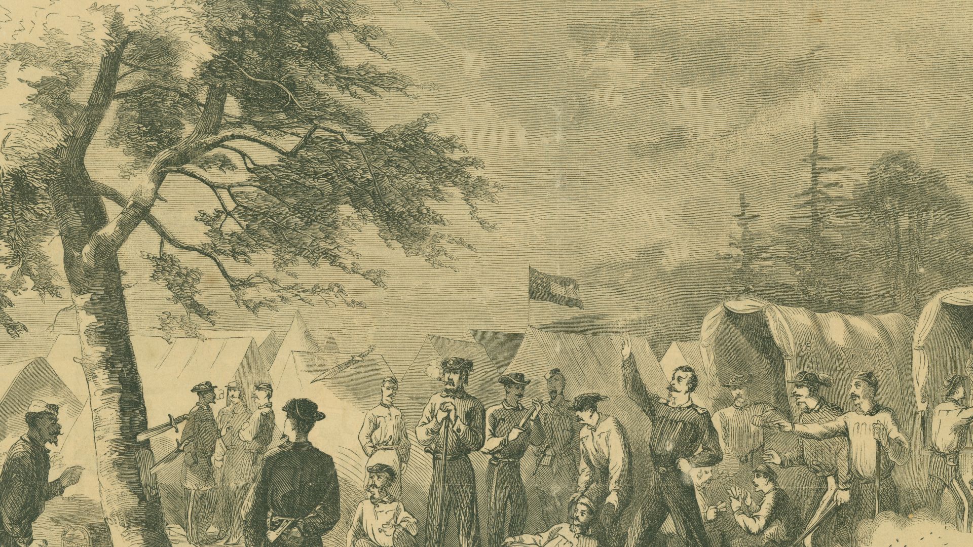 Print of Confederate soldiers in a camp with tents and wagons. One man is throwing a knife into a tree while several others watch. An African American man, possibly a slave, in the foreground appears to be cooking.