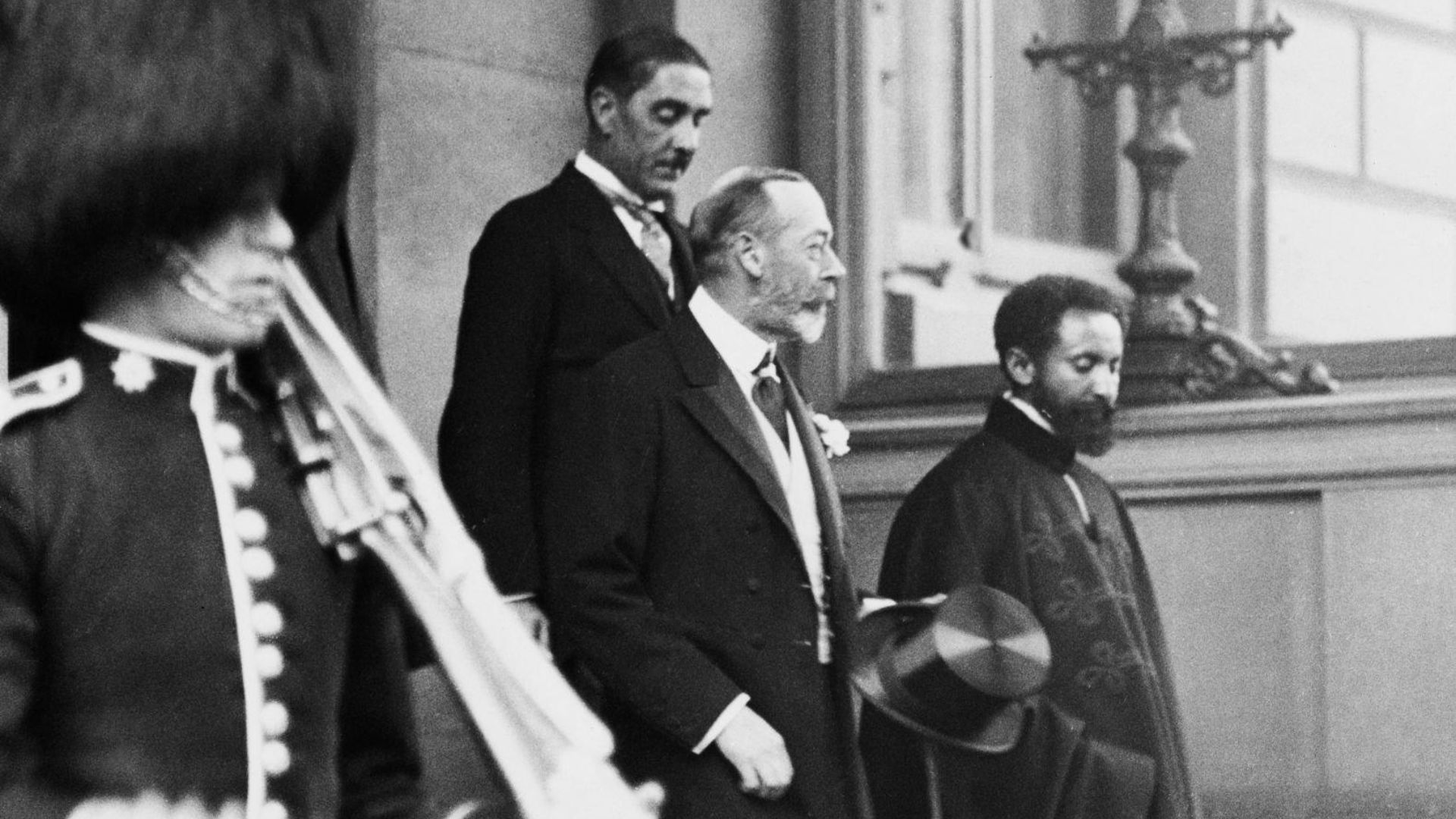Ras Regent Selassie with King George V of the United Kingdom at Buckingham palace greeted with the King's guards