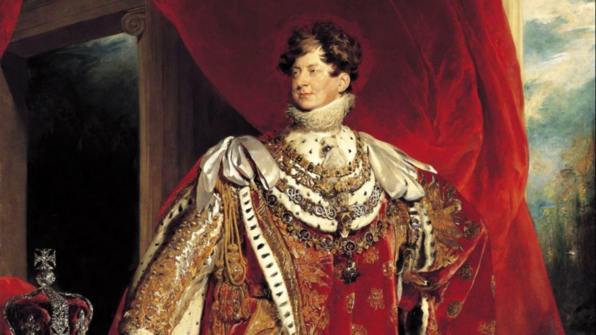 King George IV depicted wearing coronation robes and four collars of chivalric orders: the Golden Fleece, Royal Guelphic, Bath and Garter.