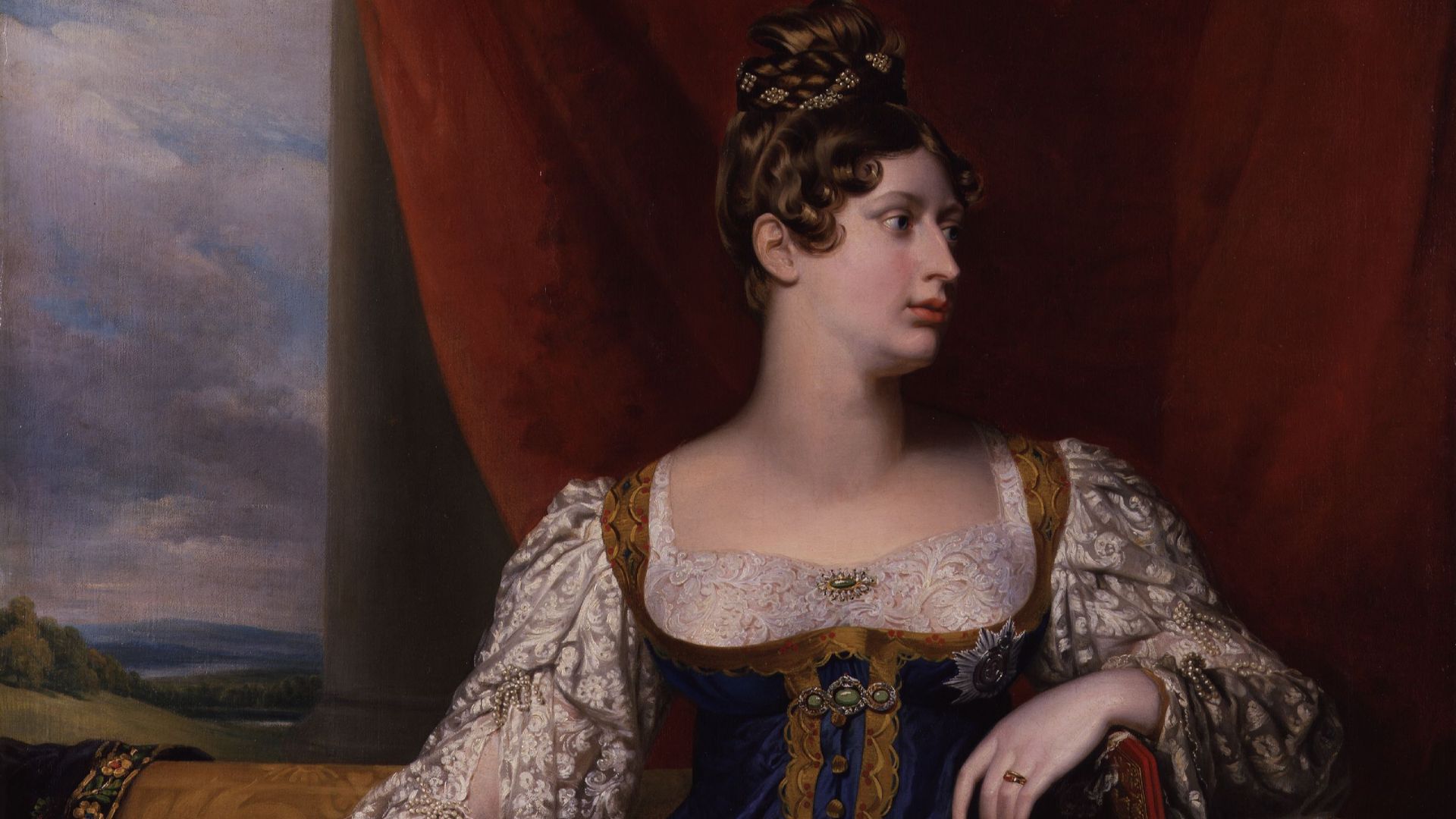 Princess Charlotte of Wales (1796–1817), only child of George IV of the United Kingdom and Caroline of Brunswick, shortly before her death delivering a stillborn son in 1817. Her husband was Prince Leopold of Saxe-Coburg-Saalfeld, the future Leopold I of 